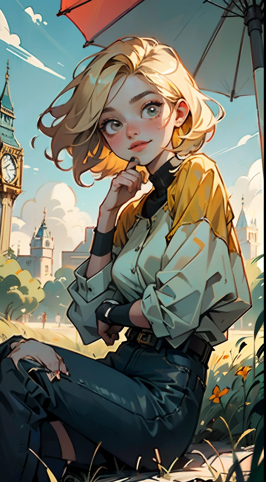 4K, high resolution, Best quality, Masterpiece, perfect, really warm colors, perfectly shaded, Perfect lighting, posted on e621, ((greg capullo style)), masterpiece, digital paint, (close up, Cute girl, 20 years old, blond short hair, big cute eyes, happy), sitting in the grass in a hide park in London. 1990s \(style\),