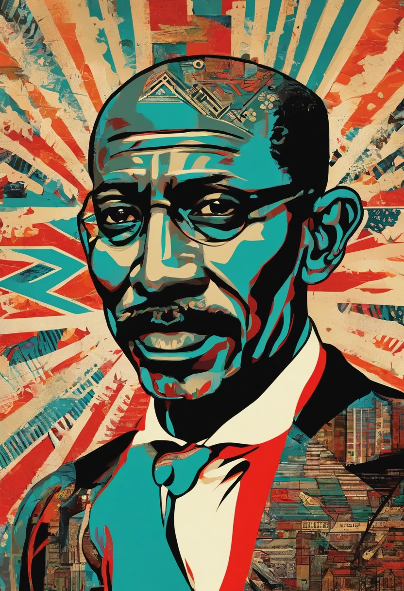 imagem de um homem de terno e gravata, inspirado em Emory Douglas, Estilo de Shepherd Fairey, Gustavo Fring, Shepard Fairey, Poster de Shephard Fairey, inspirado em Lubin Baugin, inspirado em Thomas Blackshear, inspirado em Barkley Hendricks, Retrato no estilo de Craola, Civ Ghandi