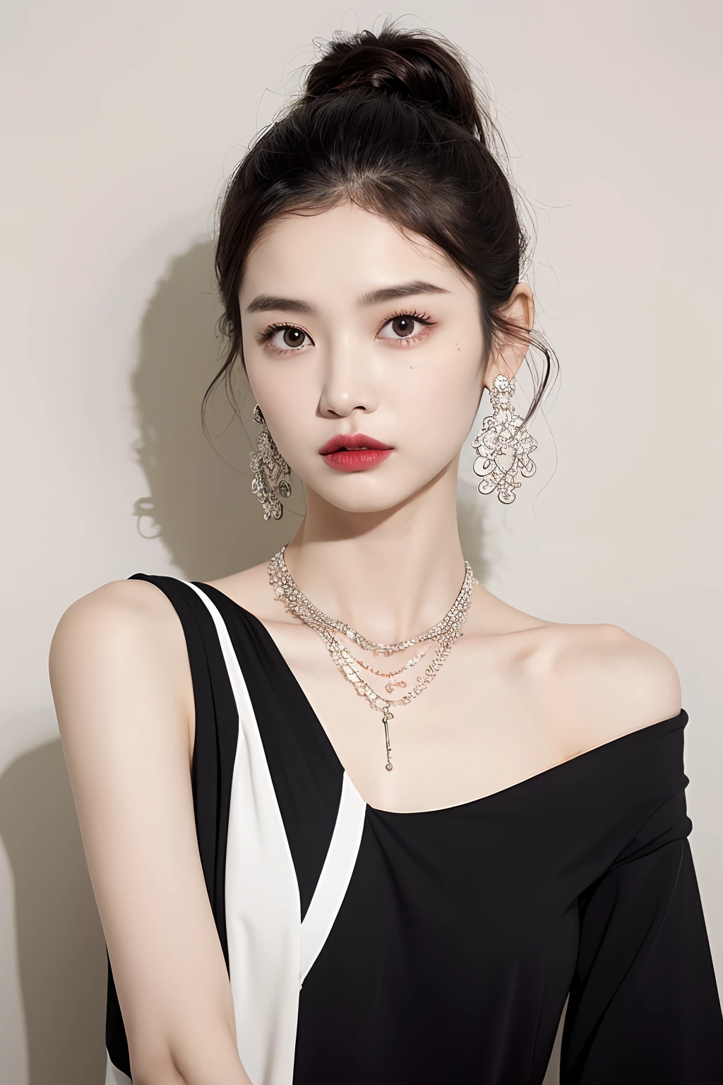 (extra detailed body、extra detailed face、best qualtiy:1.2)、femele、looking at the viewers、(Wacky fashion、Large shoulder-length piercings、a necklace、Bordeaux and black and white contrasting clothes、asymmetry)、(Ivory wall)