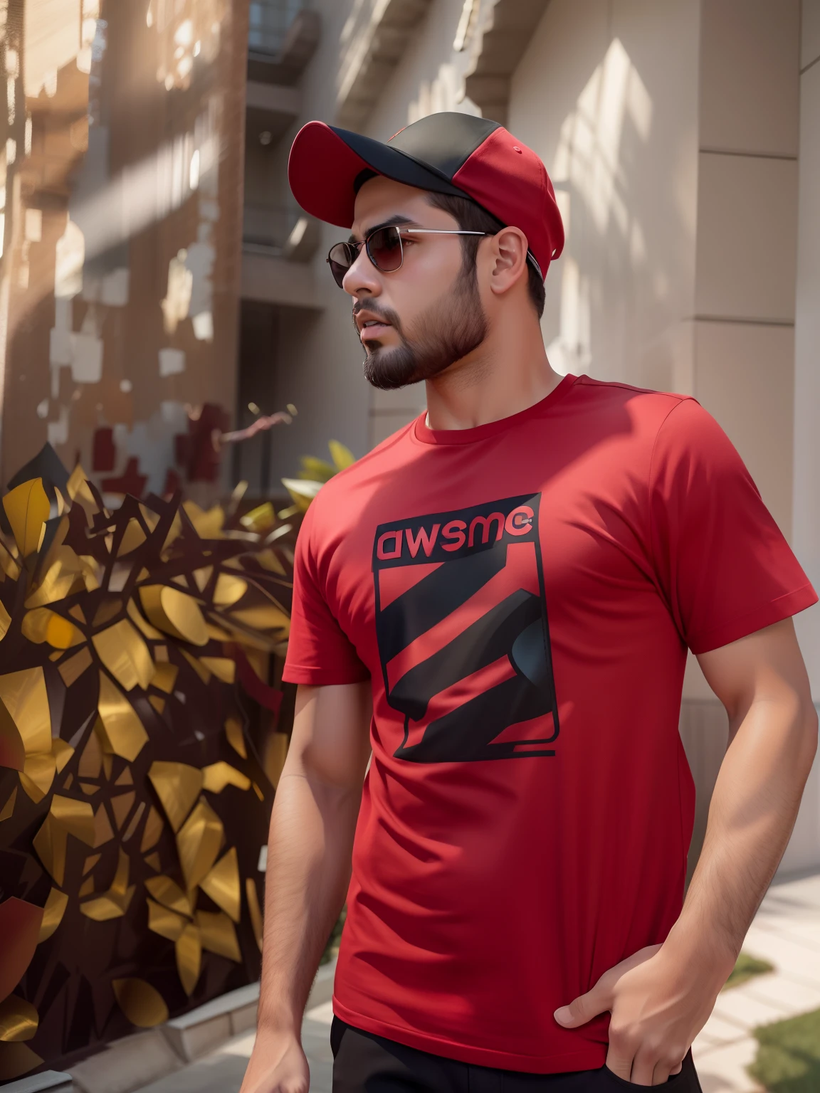 arafed man in a red shirt and black hat standing in front of a building, red t-shirt, awesome, awesomenes, amr elshamy, a handsome, only red colour, official product photo, red shirt, taken with sony alpha 9, high quality picture, wearing a t-shirt, sumai-e artstyle