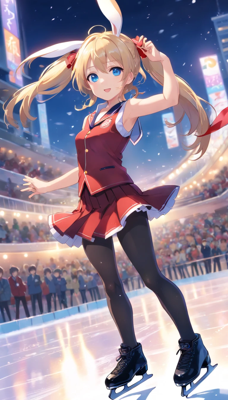 hight resolution, top-quality, illustratio, ultra-detailliert, (详细的脸), (detailedeyes),masutepiece、Solo、((Skating Ring))、((Triple Axel))、((jumpping))、Figure skating、、Ice rink、dance、Happy face、((Magic cane))、(Little rabbit at feet)、((Japan schoolgirl))、(Sleeveless)、Glossy school uniform、sexy pose、no-bra、tits out、shiny long hair、Shameful、ice skating、a blond、long、double ponytails、Black pants、Standing with one leg raised high、Self-filling face、Rabbit ears、Red ribbons、Idol、Twinkle,(Anime, tone mapped:1.2),Light blue eyes, ((In uniform))、Sleeveless、 closes mouth, hoop earrings, Jewelry, Looking at Viewer, Upper body, (symmetric), (exceptional, Best aesthetic, new, newest, Extremely detailed:1.2), genitals show through、
