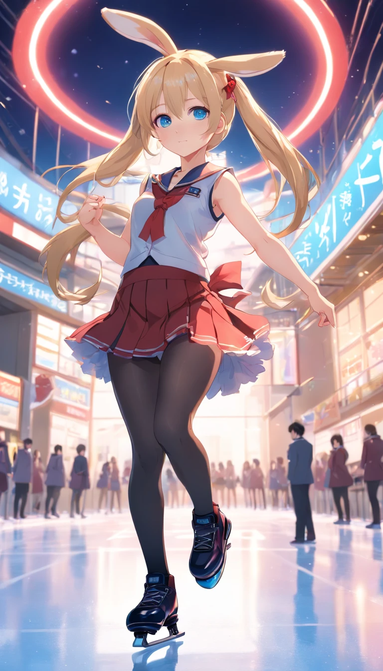 hight resolution, top-quality, illustratio, ultra-detailliert, (详细的脸), (detailedeyes),masutepiece、Solo、((Skating Ring))、((Triple Axel))、((jumpping))、Figure skating、、Ice rink、dance、Happy face、((Magic cane))、(Little rabbit at feet)、((Japan girl))、(Sleeveless)、Glossy school uniform、sexy pose、no-bra、tits out、shiny long hair、Shameful、ice skating、a blond、long、double ponytails、Black pants、Standing with one leg raised high、Self-filling face、Rabbit ears、Red ribbons、Idol、Twinkle,(Anime, tone mapped:1.2),Light blue eyes, ((In uniform))、Sleeveless、 closes mouth, hoop earrings, Jewelry, Looking at Viewer, Upper body, (symmetric), (exceptional, Best aesthetic, new, newest, Extremely detailed:1.2), genitals show through、