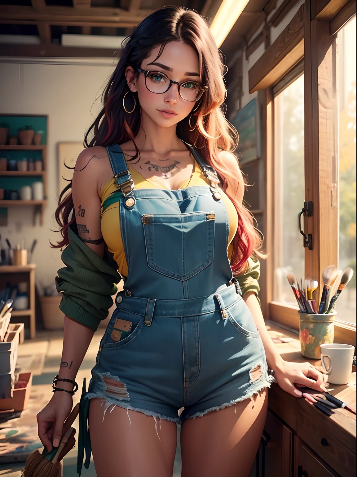 Gorgeous artsy woman in overalls beautiful long flowing thick natural hair, holding paint brushes properly and an a palette for painting, jewelry, tattoos, indie punk aesthetic, beautiful athletic body, hips, lovely lively expressive eyes, painting in an art studio in autumn, lovely colorful lighting, Cheery atmosphere, flirty, freckles, gorgeous Indian face, very tan skin, incredible detail to texture, in love, green eyes, lots of color, photorealistic, masterpiece, absolute babe, 
Colorful outfit, patterns, glasses