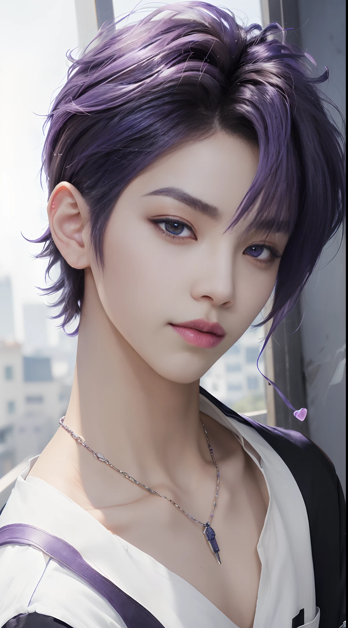 ​masterpiece, top-quality, 1male people, Adults,  ((Black and white fashion plain clothes)), Happiness, tenderness, high-level image quality、nightfall, k pop, Professional Photos, Vampires, Fedoman with necklace, inspired by Sim Sa-jeong, androgynous vampire, :9 detailed face: 8, extra detailed face, detailed punk hair, ((eyes are brown)) baggy eyes, Seductive. Highly detailed, semi realistic anime, Vampires, hyperrealistic , delicate androgynous prince, imvu, short hair above the ears, Man with short hair, ((Purple haired man with wild expression)), ((Man with short hair in bright purple)), ((Only one man))