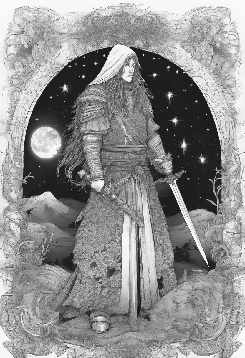 The Eastern long-haired swordsman holds the sword, Starry skies and mist shroud the landscape.
