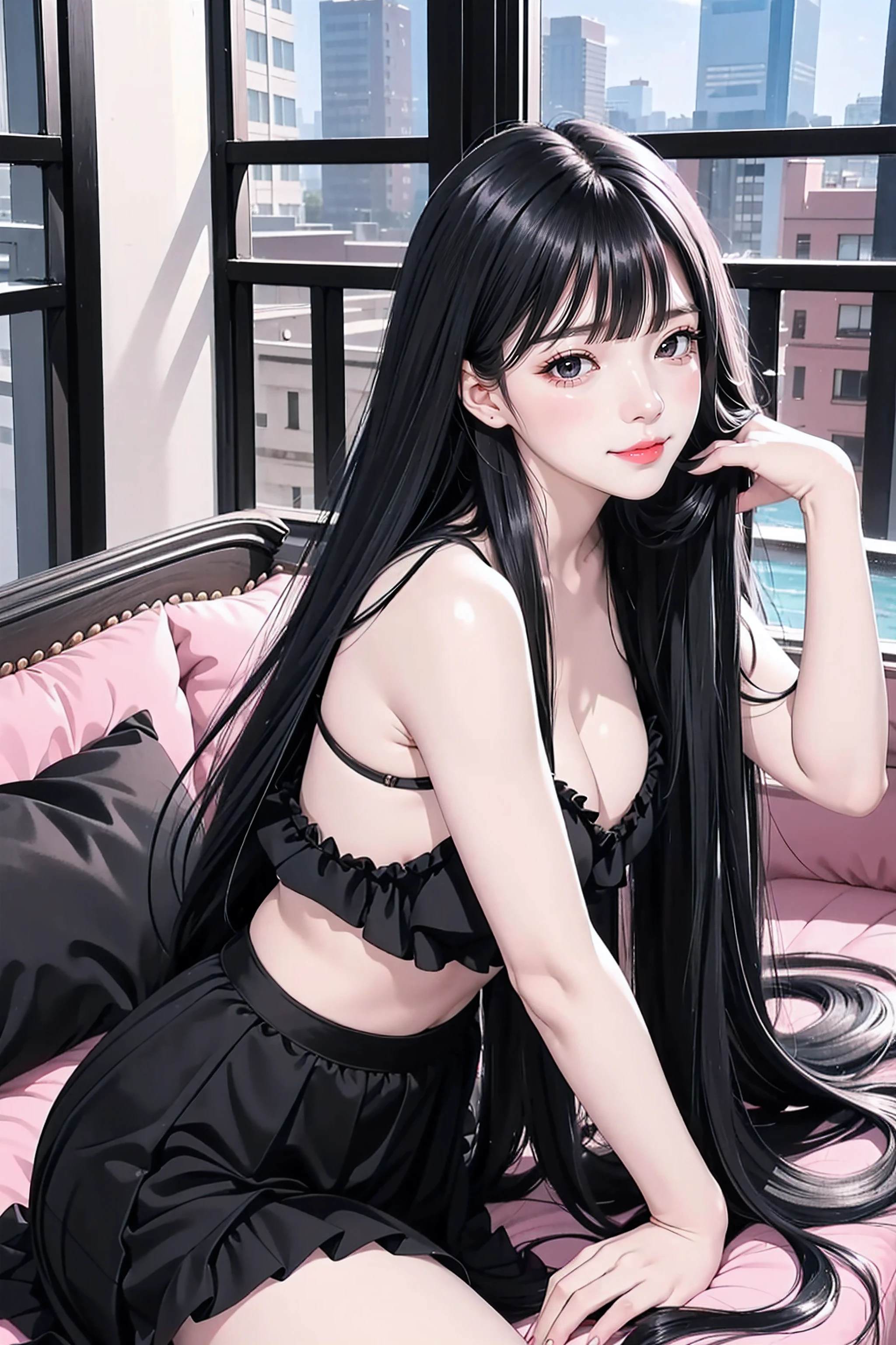 (masutepiece, Best Quality),
1girl in, all-fours, Looking at Viewer, closeup ass, from the rear, Buttock support
Break Girl, jirai kei, (((Straight bangs:))),(((Very long black hair, Ridiculously long black hair:1.1))),Long black hair like a stream of water, Lustrous black hair all over the back, Black hair shiny like silk thread, Long black hair shining like jewels, black hair with wet feathers, eyeshadows, Purple eyes, Evil smile, lip stick, Open mouth, Pink ruffled shirt, black ruffle skirt, Black panties, Thong Panties, Small breasts, thighs thighs thighs thighs,
Break the sofa background, window