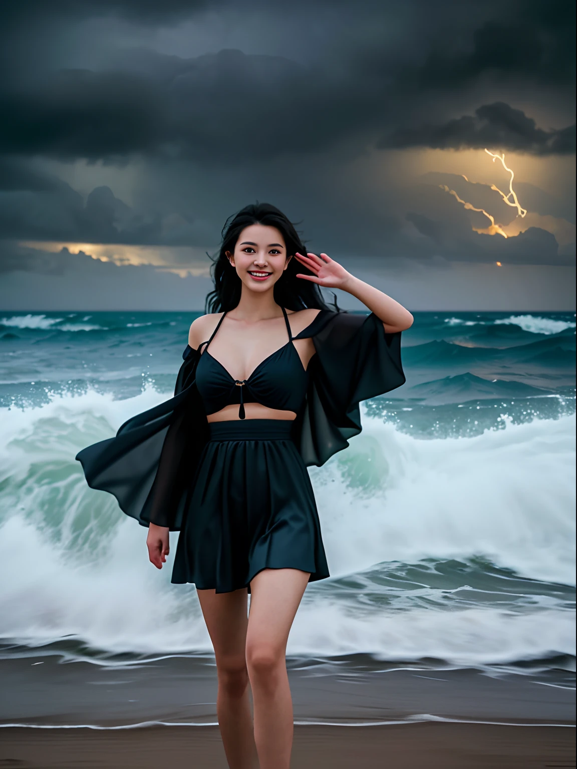 tmasterpiece， best qualtiy， hyper realisitc， Cinematic lighting effects，Magical stormy scene by the sea， Very beautiful smiling young lady waving her hand, 深v big breast，Take photos above the knee， Anatomically correct，Medium shot, cloaks，ultra - detailed，