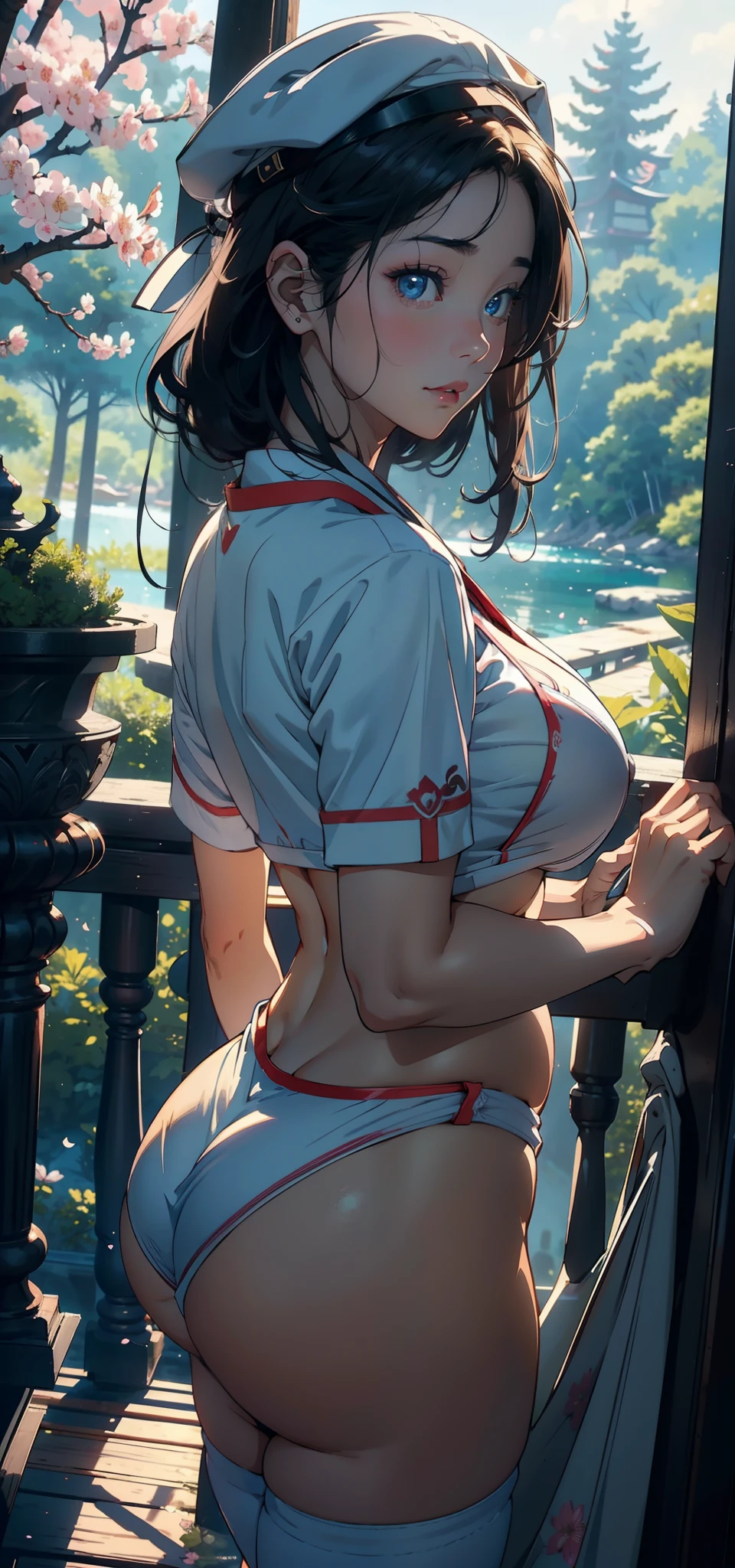 1female，35yo，A MILF，plumw，extremely large bosom， 独奏，（Background with：Cherry blossom forest，Lake，Spectacular views）Deep in the forest， She has very short black hair，bobo head，Station，，seen from the front， hair straight， mostly cloudy sky，（（（tmasterpiece），（Very detailed CG unity 8K wallpaper），best qualtiy，cinmatic lighting，detailed back ground，beatiful detailed eyes，Bright pupils，Blue eyes，（Very fine and beautiful），（Beautiful and detailed eye description），ultra - detailed，tmasterpiece，））Redlip，facing at camera，A high resolution，ultra - detailed），Camel toes，Flushed complexion，Desire for dissatisfaction，frontage，SakuraNS ，athlete，（Wearing：Sailor's cap，Sailor uniform control，Bare genitalia，Bare breasts，Bare）