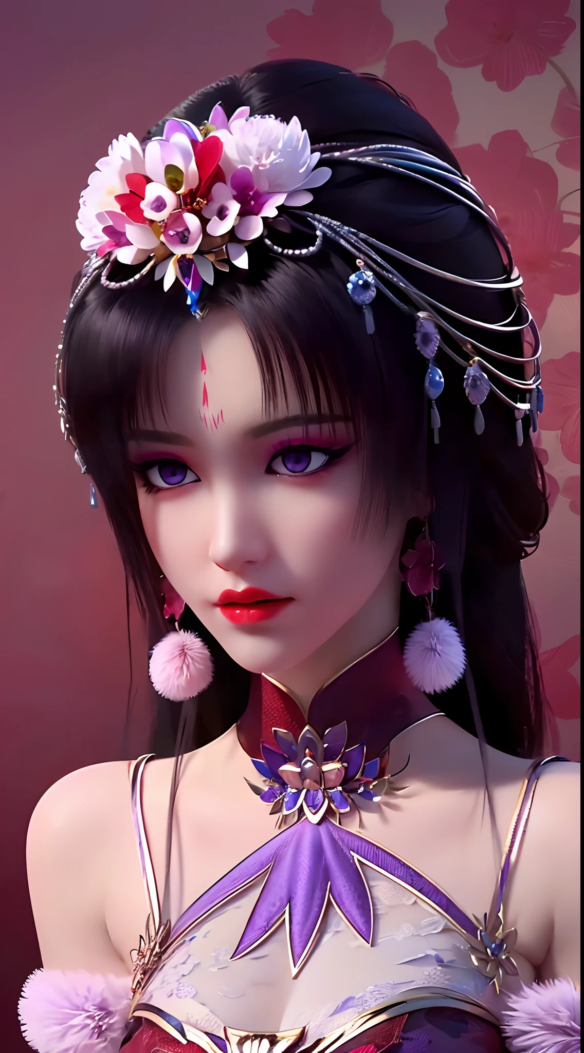 1 beautiful and sexy 20 year old girl, ((wearing ultra-thin purple dress:1.5)), ((diamond dress:1.6)), ((long purple-black hair:1.6)), bangs, ( (pastel pink hairpin:1.2)), elaborate jewelry made from precious stones and beautiful hair, ((wearing a black lace necklace:1.4)), the noble, noble style of an extremely girl beautiful, super cute small face, very pretty face, thin eyebrows, flawless beautiful face, ((black pupil: 0.8)), very beautiful eyes, ((eyes purple: 1.5)), beautiful makeup and detailed hairdo, eyelashes, steamy eye makeup, high nose, earrings, red lips, ((closed mouth: 1.5)), beautiful lips, slim hands, beautiful thighs best, ((arms spread out to the sides: 1.8)), rosy face, clean face, flawless beautiful face, smooth white skin, (big breasts: 1.5)), ((high breasts: 1.6)), firm breasts, beautiful cleavage, (((big and super round breasts: 1.8))), ((super tight breasts: 1.7)), beautiful breasts, busty breasts, ((white fishnet stockings with pure gold lace trim :1.2)), 8k photo, super high quality, hyper realistic, super 10x pixels, optical, studio bright, edge bright, two-tone lighting, (high detail skin: 1.2), super 8k, soft light , high quality, volumetric light, optical, high resolution optical, light, best photo, 4k, 8k quality, blur effect, smooth sharpness, 10 x pixels, bright colors harmonious light, ((red flower background:1.7)), aurora, lightning, surreal graphics, most realistic graphics, alone, solo, Extremely sharp, surreal images, (((portrait directly: 1.2)))."