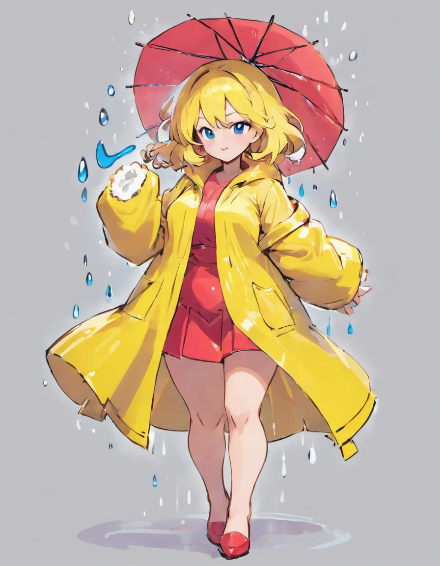 can you draw a  in a pvc yellow rain coat and red umbrella drawn by sowsow, the  has large breasts and is about 70 years of age, mature woman, tall veru large breasts, short blue ,