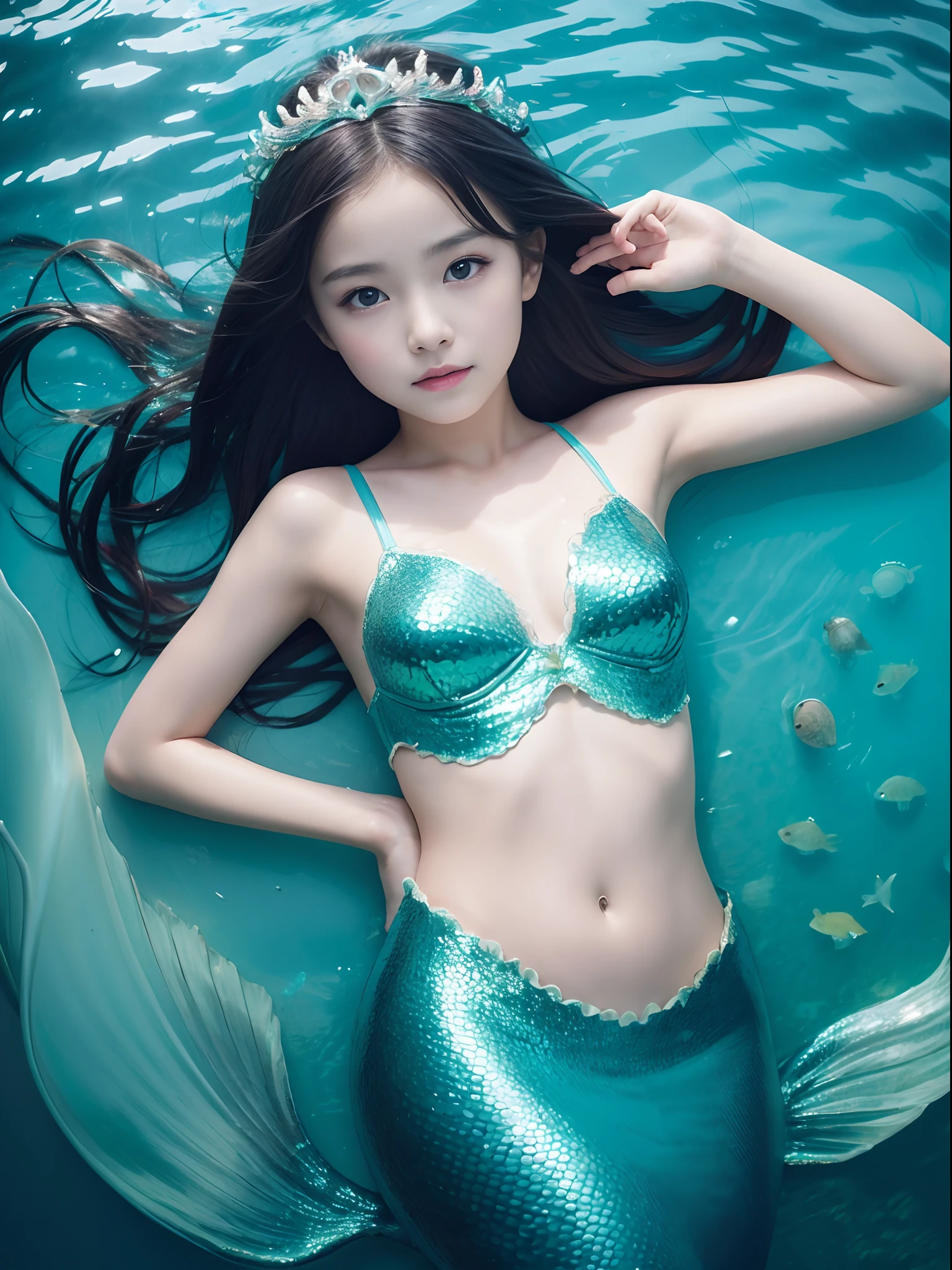 8K、Girl dressed as a mermaid Underwater - Sea、mermaid、-yeld beiful girl、Slightly baby-face