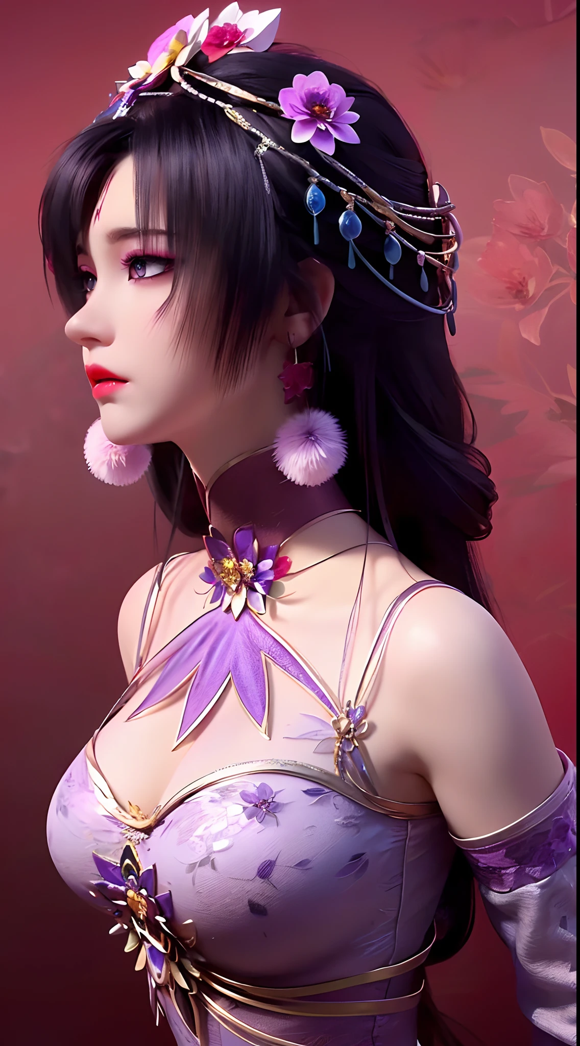 1 beautiful and sexy 20 year old girl, ((wearing ultra-thin purple dress:1.5)), ((diamond dress:1.6)), ((long purple-black hair:1.6)), bangs, ( (pastel pink hairpin:1.2)), elaborate jewelry made from precious stones and beautiful hair, ((wearing a black lace necklace:1.4)), the noble, noble style of an extremely girl beautiful, super cute small face, very pretty face, thin eyebrows, flawless beautiful face, ((black pupil: 0.8)), very beautiful eyes, ((eyes purple: 1.5)), beautiful makeup and detailed hairdo, eyelashes, steamy eye makeup, high nose, earrings, red lips, ((closed mouth: 1.5)), beautiful lips, slim hands, beautiful thighs best, ((arms spread out to the sides: 1.8)), rosy face, clean face, flawless beautiful face, smooth white skin, (big breasts: 1.5)), ((high breasts: 1.6)), firm breasts, beautiful cleavage, (((big and super round breasts: 1.8))), ((super tight breasts: 1.7)), beautiful breasts, busty breasts, ((white fishnet stockings with pure gold lace trim :1.2)), 8k photo, super high quality, hyper realistic, super 10x pixels, optical, studio bright, edge bright, two-tone lighting, (high detail skin: 1.2), super 8k, soft light , high quality, volumetric light, optical, high resolution optical, light, best photo, 4k, 8k quality, blur effect, smooth sharpness, 10 x pixels, bright colors harmonious light, ((red flower background:1.7)), aurora, lightning, surreal graphics, most realistic graphics, alone, solo, Extremely sharp, surreal images, (((portrait directly: 1.2)))."