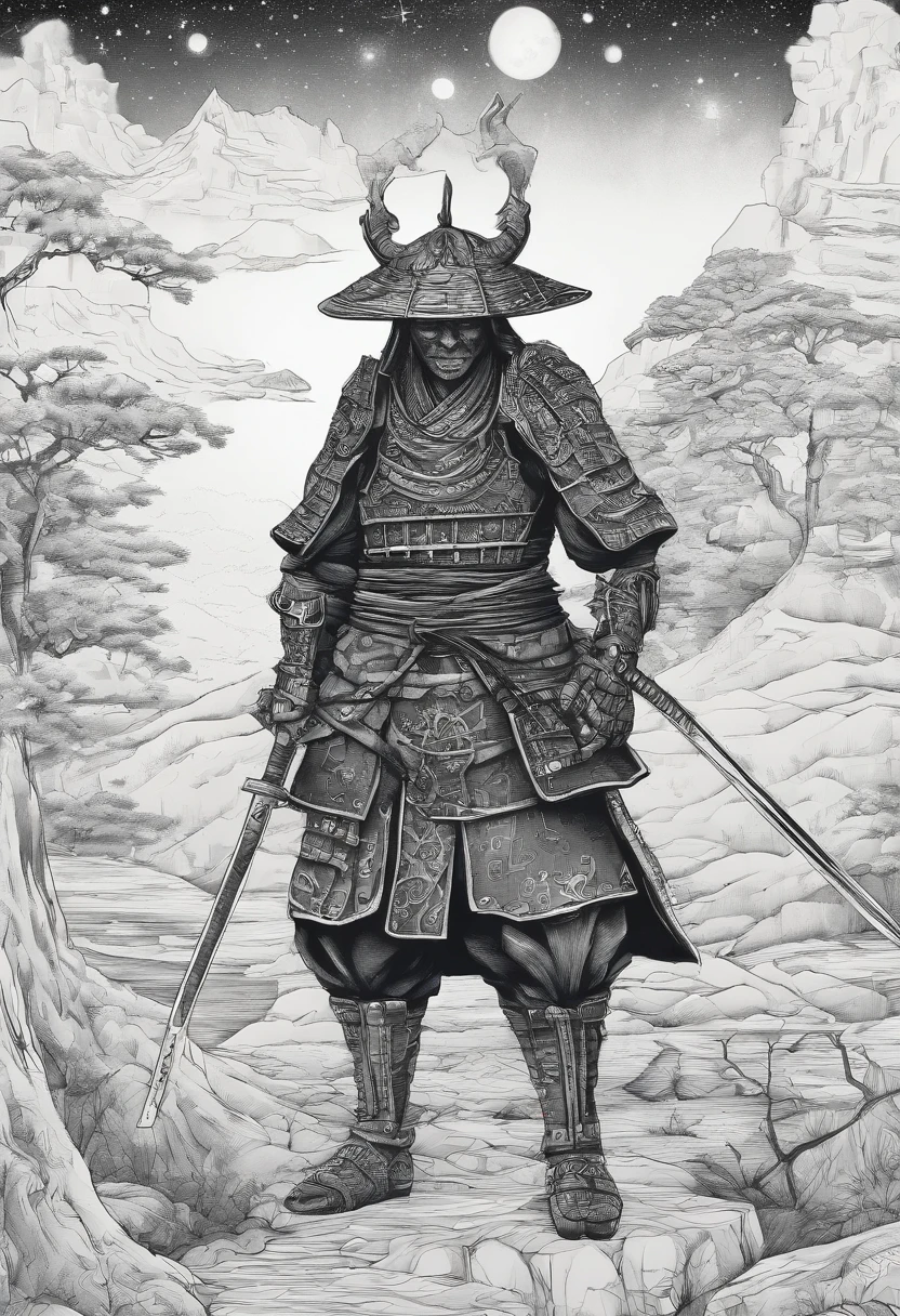 The samurai holds a katana, Starry skies and mist shroud the landscape.