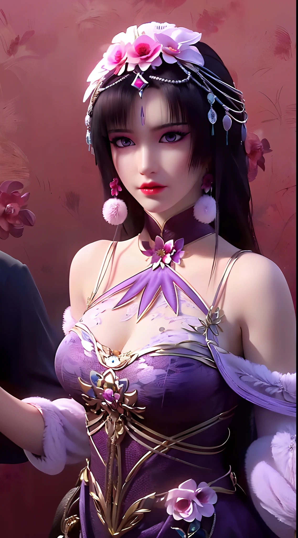 1 beautiful and sexy 20 year old girl, ((wearing ultra-thin purple dress:1.5)), ((diamond dress:1.6)), ((long purple-black hair:1.6)), bangs, ( (pastel pink hairpin:1.2)), elaborate jewelry made from precious stones and beautiful hair, ((wearing a black lace necklace:1.4)), the noble, noble style of an extremely girl beautiful, super cute small face, very pretty face, thin eyebrows, flawless beautiful face, ((black pupil: 0.8)), very beautiful eyes, ((eyes purple: 1.5)), beautiful makeup and detailed hairdo, eyelashes, steamy eye makeup, high nose, earrings, red lips, ((closed mouth: 1.5)), beautiful lips, slim hands, beautiful thighs best, ((arms spread out to the sides: 1.8)), rosy face, clean face, flawless beautiful face, smooth white skin, (big breasts: 1.5)), ((high breasts: 1.6)), firm breasts, beautiful cleavage, (((big and super round breasts: 1.8))), ((super tight breasts: 1.7)), beautiful breasts, busty breasts, ((white fishnet stockings with pure gold lace trim :1.2)), 8k photo, super high quality, hyper realistic, super 10x pixels, optical, studio bright, edge bright, two-tone lighting, (high detail skin: 1.2), super 8k, soft light , high quality, volumetric light, optical, high resolution optical, light, best photo, 4k, 8k quality, blur effect, smooth sharpness, 10 x pixels, bright colors harmonious light, ((red flower background:1.7)), aurora, lightning, surreal graphics, most realistic graphics, alone, solo, Extremely sharp, surreal images, (((portrait directly: 1.2)))."