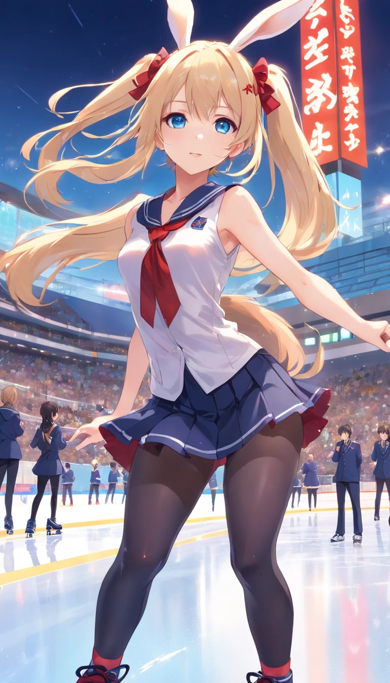 hight resolution, top-quality, illustratio, ultra-detailliert, (详细的脸), (detailedeyes),masutepiece、Solo、((Skating Ring))、((Triple Axel))、((jumpping))、Figure skating、、Ice rink、dance、Happy face、((Magic cane))、(Little rabbit at feet)、((Japan girl))、(Sleeveless)、Glossy school uniform、sexy  pose、no-bra、tits out、shiny long hair、Shameful、ice skating、a blond、long、double ponytails、Black pants、Standing with one leg raised high、Self-filling face、Rabbit ears、Red ribbons、Idol、Twinkle,(Anime, tone mapped:1.2),Light blue eyes, ((In uniform))、Sleeveless、 closes mouth, hoop earrings, Jewelry, Looking at Viewer, Upper body, (symmetric), (exceptional, Best aesthetic, new, newest, Extremely detailed:1.2), genitals show through、