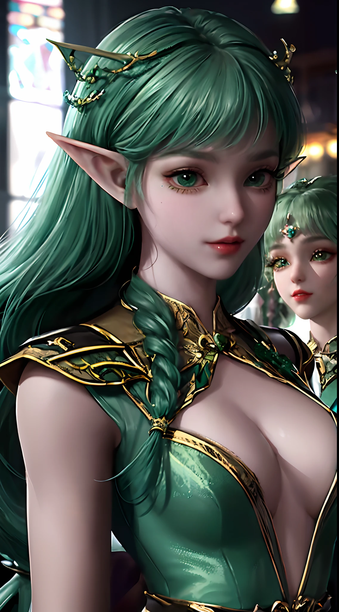 a close up of a person with green hair and a dress, portrait knights of zodiac girl, beautiful elf with ornate robes, alluring elf princess knight, elf princess, elven character with smirk, very beautiful elven top model, hyperdetailed fantasy character, portrait of an elf queen, elf princess knight, maya ali as a wind mage