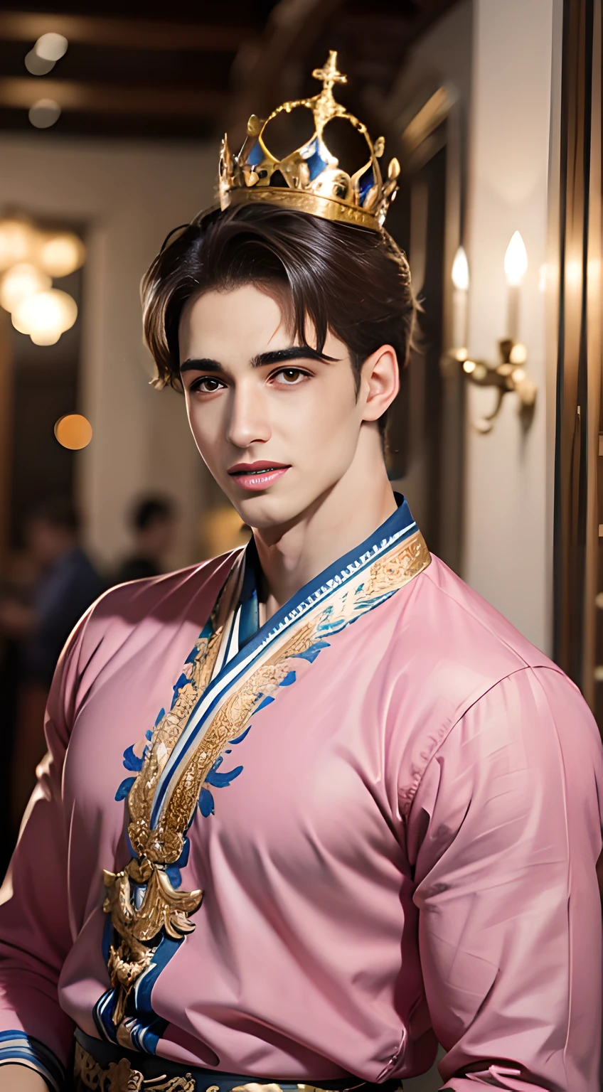 handsome man in his 20s, Pietro Boselli, mischievous smile, wearing a crown on his head,