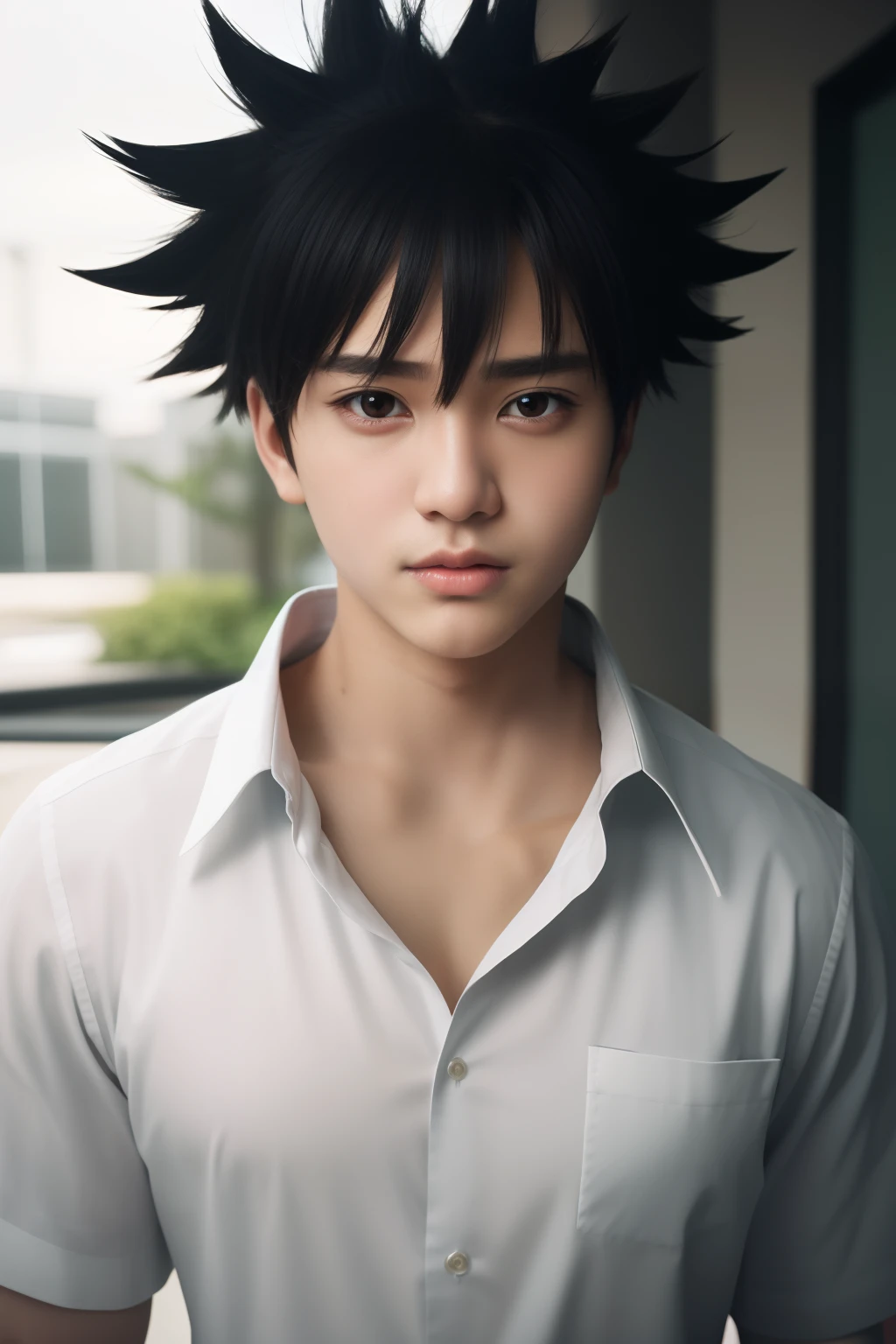 masterpiece, best quality, high quality, 1boy, solo, male focus, looking at viewer, upper body, fushiguro_megumi, black hair, spiked hair, black eyes, school uniform, Realism