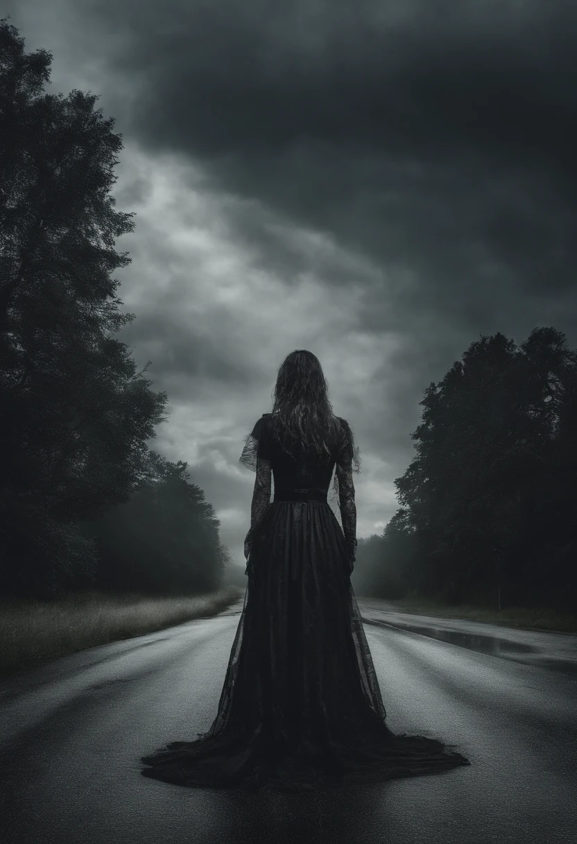 Sexy woman wears long skirt, Hasty escape on the highway，I don't know the unknown danger ahead，Dark clouds，Cloudy sky, The Sony A6400 camera uses a 50mm Sigma lens to take pictures from behind,The sky is eerie，The atmosphere is dangerous，terroral，The feeling that disaster is imminent，Inspired by the album（Walking dead）