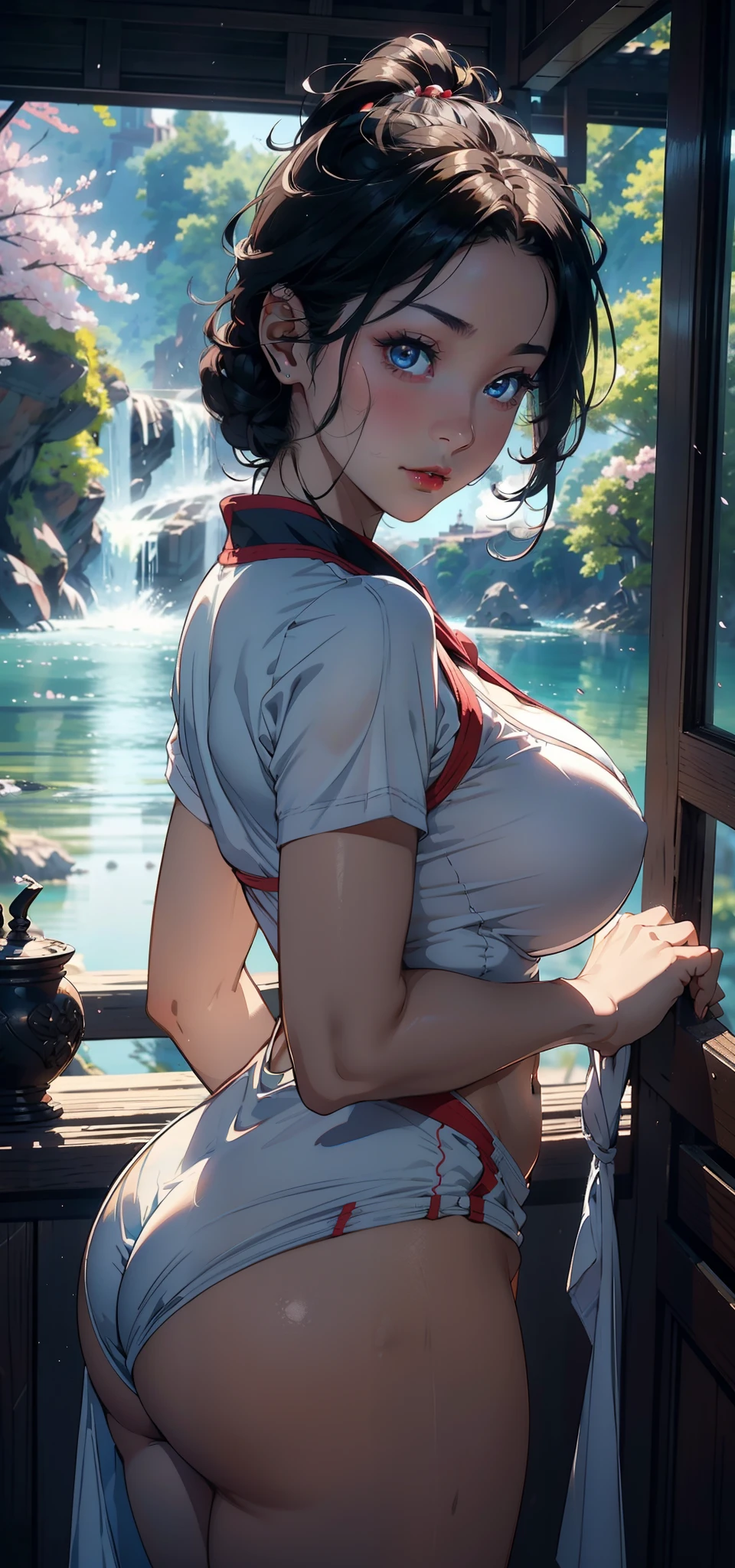 1female，35yo，A MILF，plumw，extremely large bosom， 独奏，（Background with：Cherry blossom forest，Lake，Spectacular views）Deep in the forest， She has very short black hair，bobo head，Station，，seen from the front， hair straight， mostly cloudy sky，（（（tmasterpiece），（Very detailed CG unity 8K wallpaper），best qualtiy，cinmatic lighting，detailed back ground，beatiful detailed eyes，Bright pupils，Blue eyes，（Very fine and beautiful），（Beautiful and detailed eye description），ultra - detailed，tmasterpiece，））Redlip，facing at camera，A high resolution，ultra - detailed），Camel toes，Flushed complexion，Desire for dissatisfaction，frontage，SakuraNS ，athlete，（Wearing：，sailor uniformm，Bare genitalia，Bare breasts，Bare）