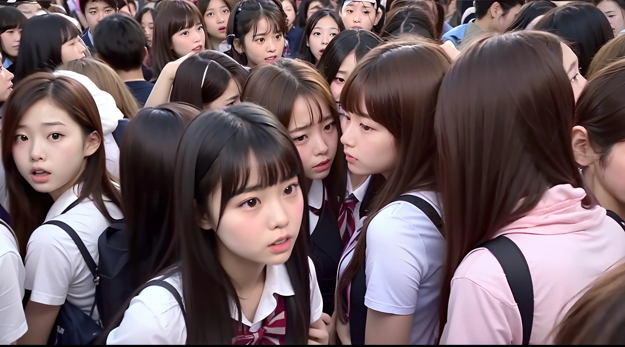 An ultra-high picture quality、realisitic、1000 high school girls　Japanese high school  girl　in group photograph　Crowd of schoolgirls　Surrounded by many high school girls　Being looked down upon by many high school girls　One man is surrounded by thousands of schoolgirls　One man is being attacked by a large group of high school girls　Thousands of schoolgirls,1000 high school girls、Thousands of schoolgirls are watching us、ultra-detailliert、Realistic、Crowded train full of high school girls、Many high school girls are messing with one man、full house、Tens of thousands of schoolgirls　Many high school girls look down on me