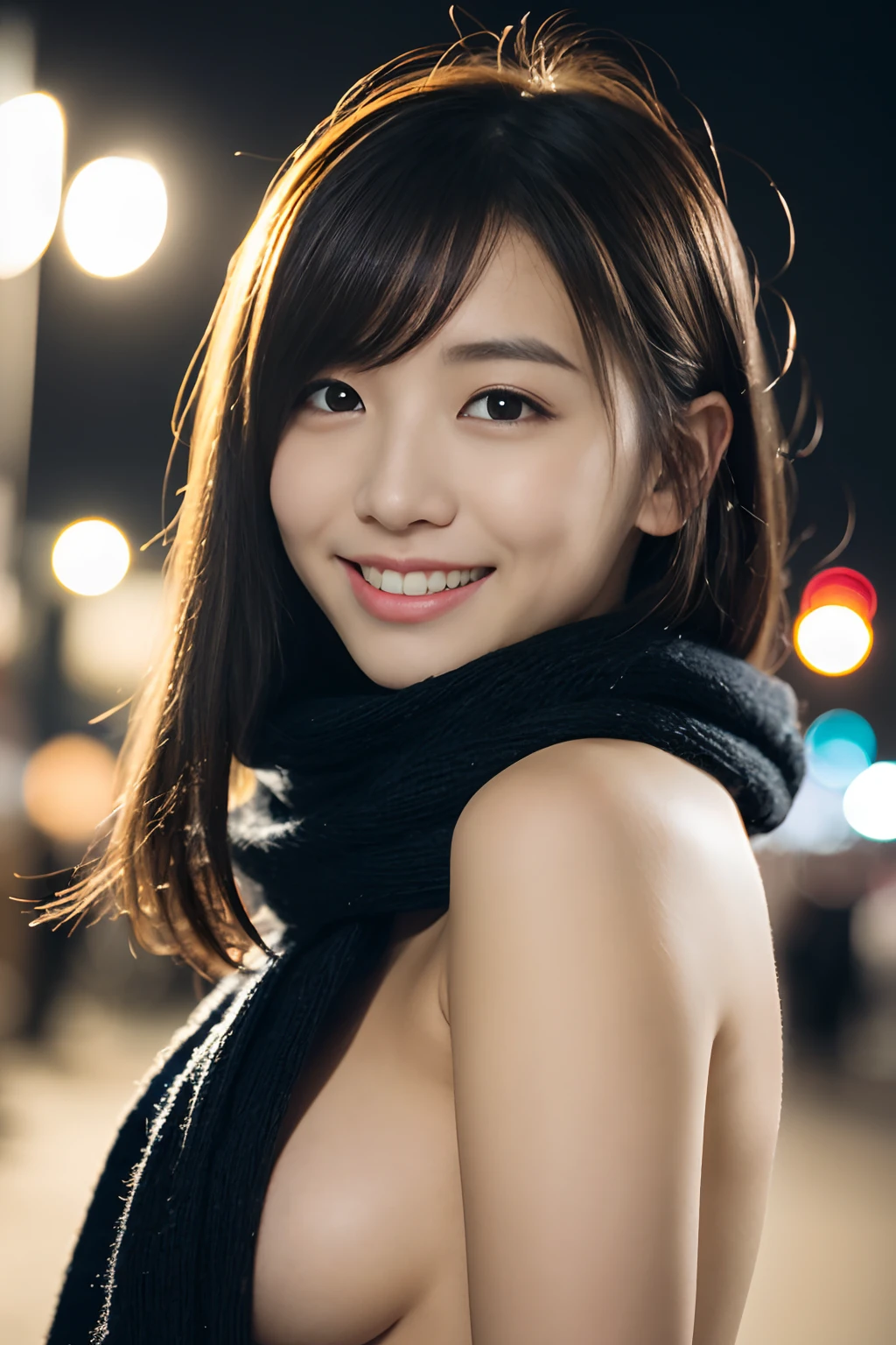 ((fullnude))、((hiding breast:1.2))、(realisitic、Photorealsitic、ultra-detailliert、Highest Details Skins、top-quality、masterpiece、超A high resolution)、Cute Japan Woman、、hi-school girl、younggirl、1 girl in、I have bangs、二重まぶた、drooing eyes、Large black eyes、Charming、purity、Cute smile、Natural smile、View here、look at a camera、Realistic skin type、Thick muffler、fluffy hair、((Hair is inside the scarf))、The wind is blowing、It's snowing、illuminations、bright lighting from behind、nightcity、blurry backround、shot from front
