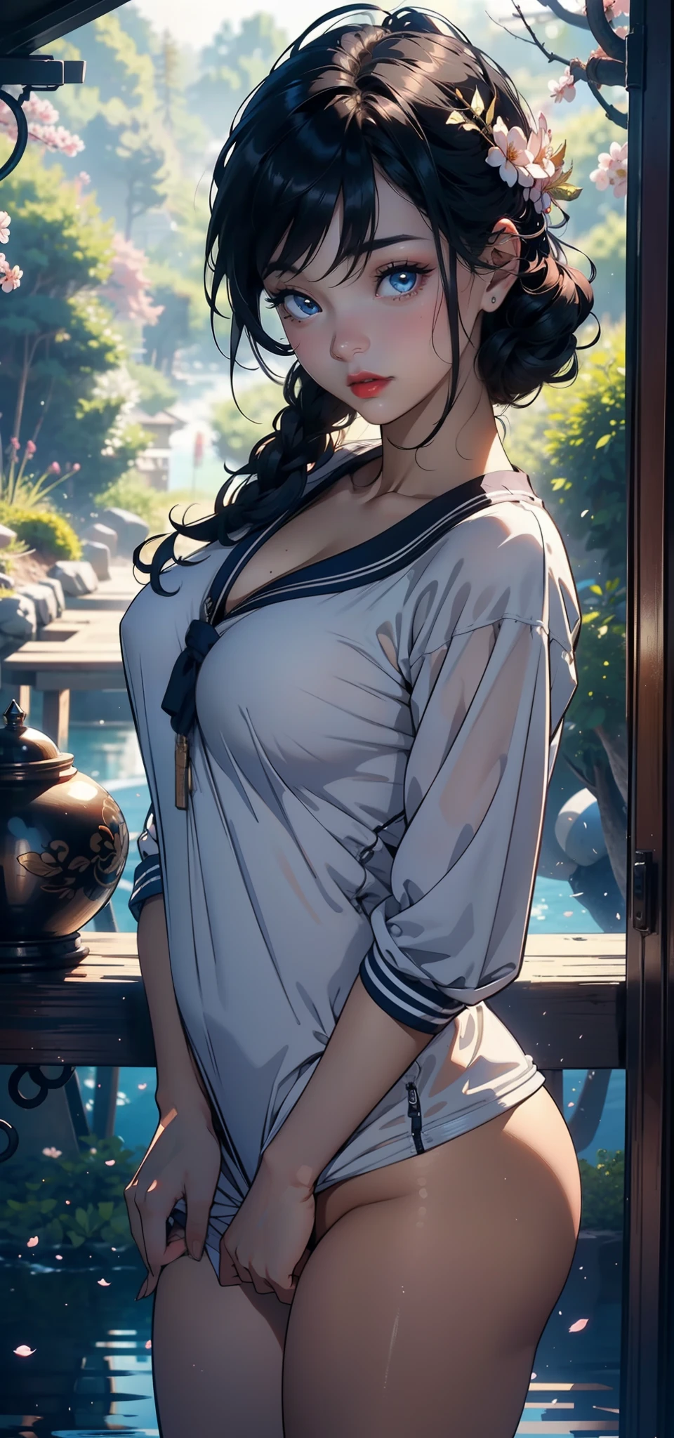 1female,35yo,A MILF,plumw,extremely large bosom, 独奏,(Background with:Cherry blossom forest,Lake,Spectacular views)Deep in the forest, She has very short black hair,bobo head,Station,,seen from the front, hair straight, mostly cloudy sky,(((tmasterpiece),(Very detailed CG unity 8K wallpaper),best qualtiy,cinmatic lighting,detailed back ground,beatiful detailed eyes,Bright pupils,Blue eyes,(Very fine and beautiful),(Beautiful and detailed eye description),ultra - detailed,tmasterpiece,))Redlip,facing at camera,A high resolution,ultra - detailed),Camel toes,Flushed complexion,Desire for dissatisfaction,frontage,SakuraNS ,athlete,(Wearing:,sailor uniformm,Bare genitalia,Bare breasts,Bare)
