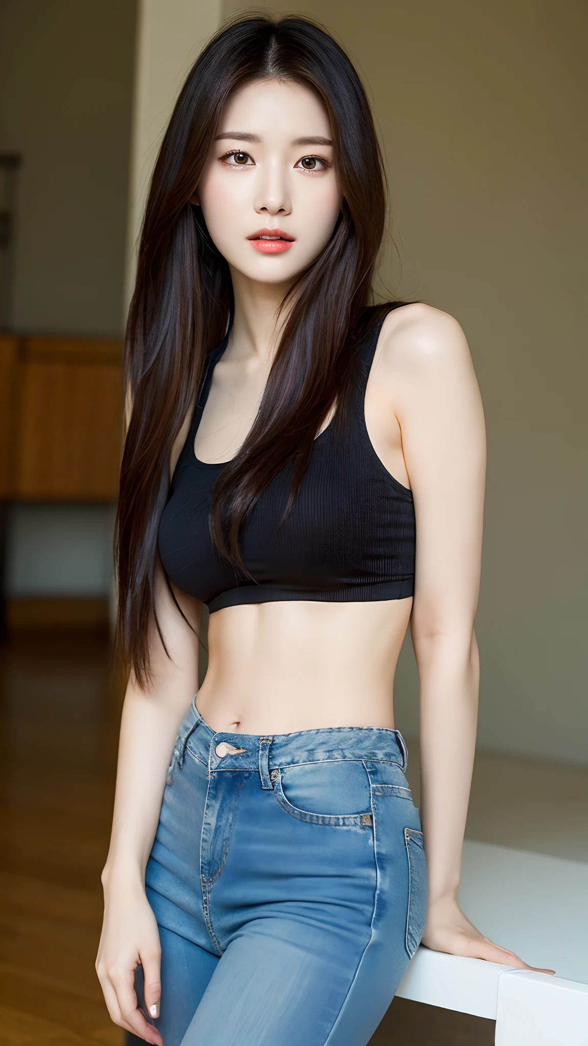 (Lifelike, hight resolution:1.3), 1 girl with a perfect body, super fine face and eyes,length hair, Fashionable clothes:1.2, Short jeans, Big boob