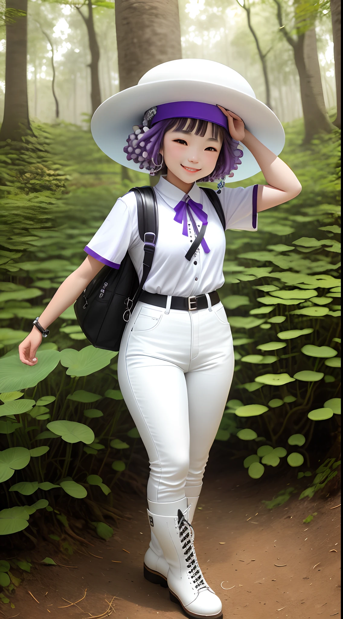 do Festival da Tocha de Yi, smiling with white mushroom hat, a purple leather backpack wearing white blouse, white leather jeans and white boots in the forest full of colorful mushrooms