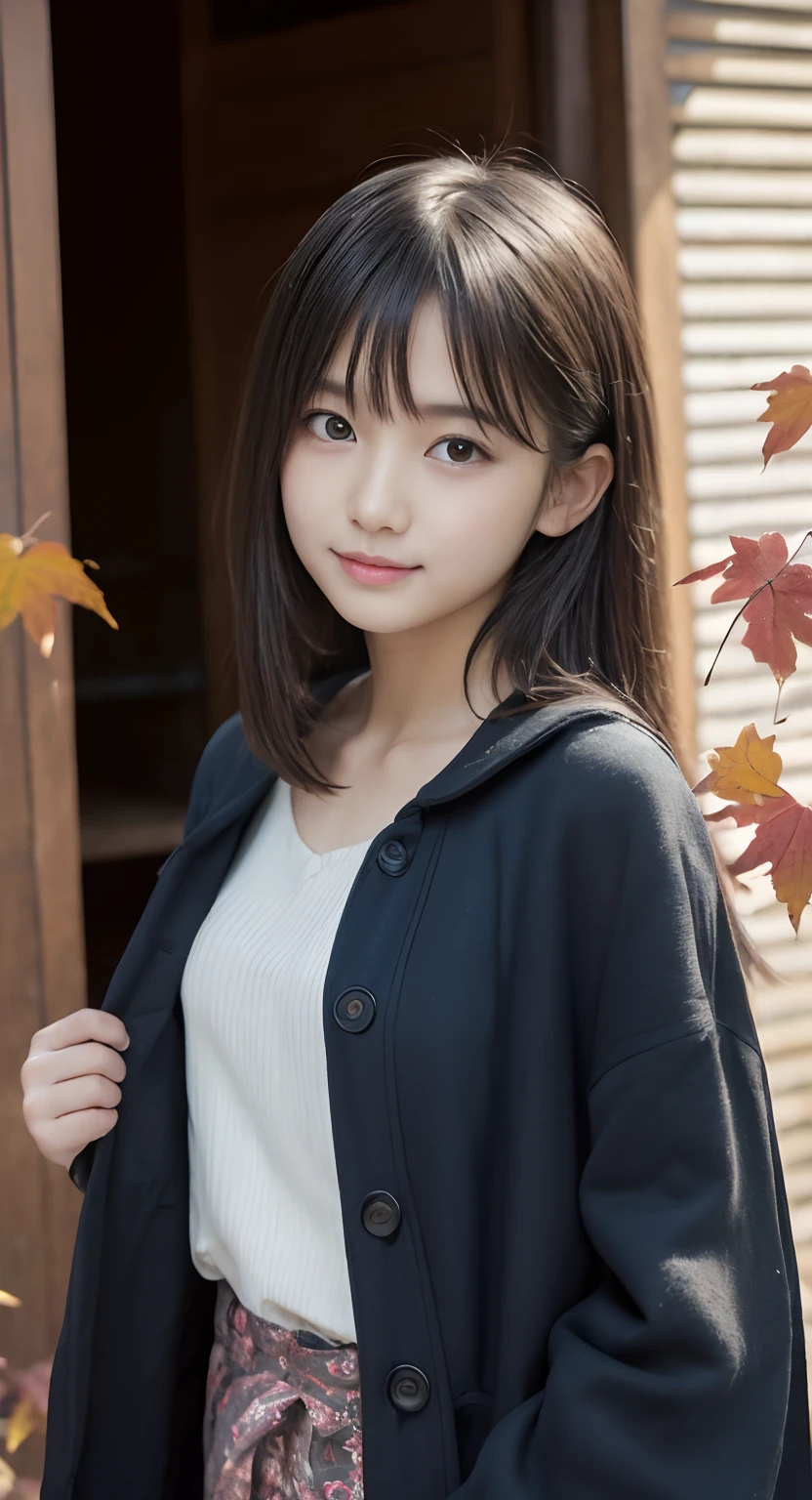 (top-quality、masterpiece:1.2)、Best Quality、realisitic、photoshot、hight resolution、1080p、8K、Textured skin、Physical Rendering、1 Japan Girls、a 、kawaii、Young Face、Rolled hair、(Autumn clothes:1.5)、Apparel shop、full of shyness、smil、Big