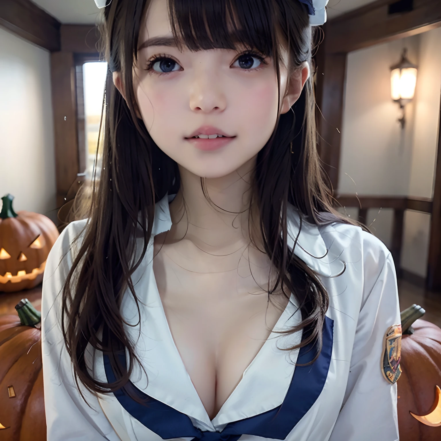 NSFW, 8k RAW photo, ((Sailor School Uniform))top-quality, masterpiece,kawaii faces、dual、 full body Esbian、A smile、kawaii faces、Sit on a Halloween pumpkin、超A high resolution, film grains, filmg, 1girl in, looking at the viewers, natural skin textures, realistic eyes and face details, Perfect tooth alignment、Perfect eyes and perfect mouth、 bangss、Halloween Style、cparted lips, s lips,Wet in the rain