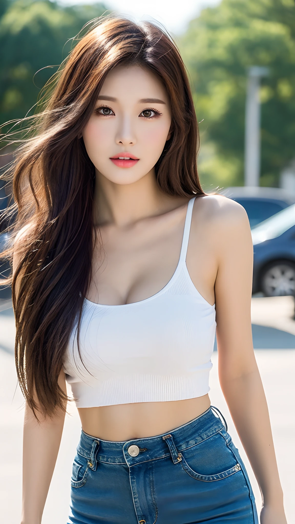(Lifelike, hight resolution:1.3), 1 girl with a perfect body, super fine face and eyes,length hair, Fashionable clothes:1.2, Short jeans, Big boob