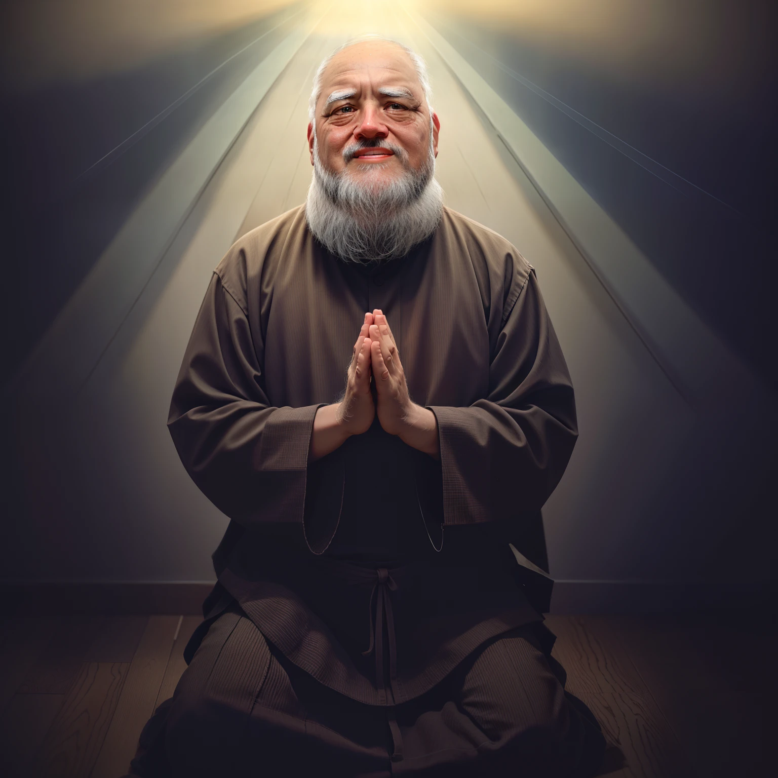 Padre Pio realistic in prayer, Padre Pio com barba e barba em traje de monge capuchinho em 1920, Foto realista de Padre Pio, , monge meditar, holy man looking down at the ground, orar meditando, Catholic monk meditating, Retrato do monge, Twentieth-century monk, spiritual lighting, roupas de monge, cinematic,