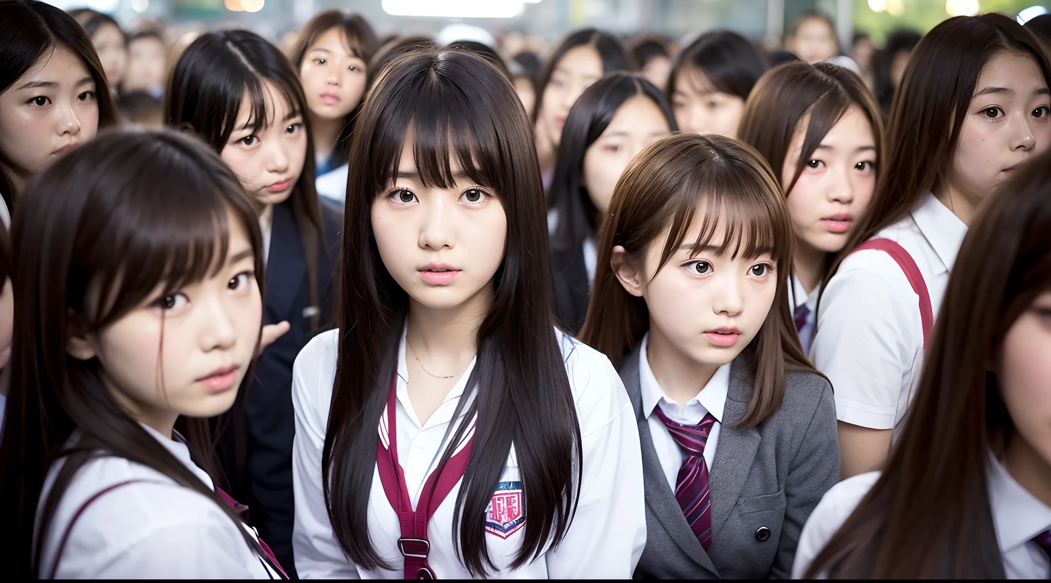 An ultra-high picture quality、realisitic、1000 high school girls　Japanese high school  girl　in group photograph　Crowd of schoolgirls　Surrounded by many high school girls　Being looked down upon by many high school girls　Thousands of schoolgirls,1000 high school girls、Thousands of schoolgirls are watching us、ultra-detailliert、Realistic、Crowded train full of high school girls、Training with a large number of schoolgirls、full house、Tens of thousands of schoolgirls　Being looked down upon by everyone　Full of high school girls　Everyone is looking at this