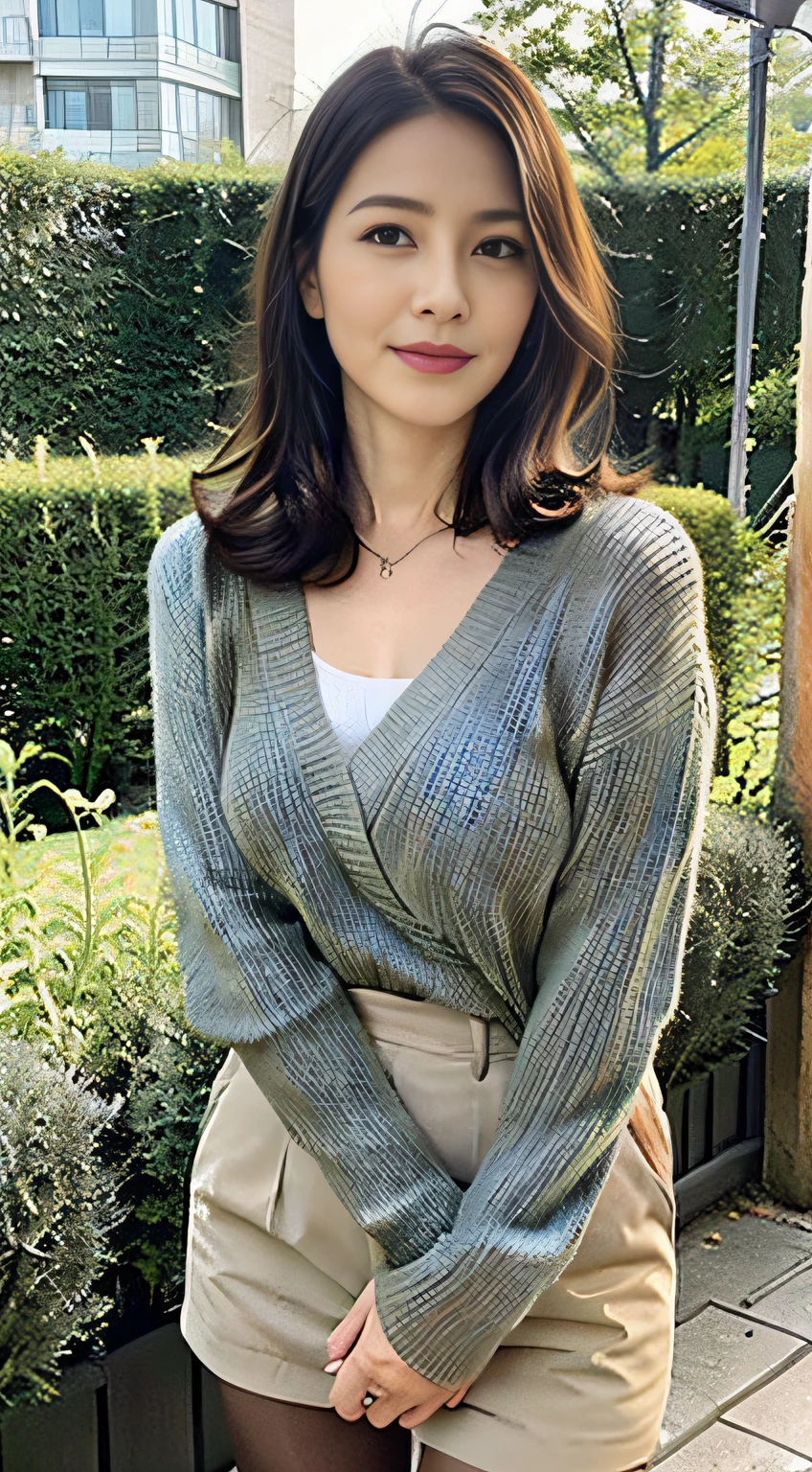 top-quality、tmasterpiece、超A high resolution、(Photorealsitic:1.4)、A Japanese lady、48-year-old woman，Wavy brunette hair、Silk、Long blue sweater，lacepantyhose（huge-breasted：1.4）、standing on your feet：1.2，Garden background，Slightly chubby body：1.2，Straight body，Slightly chubby face：1.2，Wrinkles at the corners of the eyes，There are wrinkles at the corners of the mouth，（fully body photo）