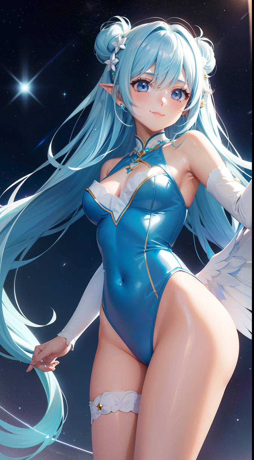 Super Idol　a beauty girl　A charming smile　sky blue hair　length hair　Twin-tailed　Bright sexy leotard outfit in bright cream color　Fantasia　constellation　a moon　Crystal Brilliance　Aurora Borealis in the Night Sky