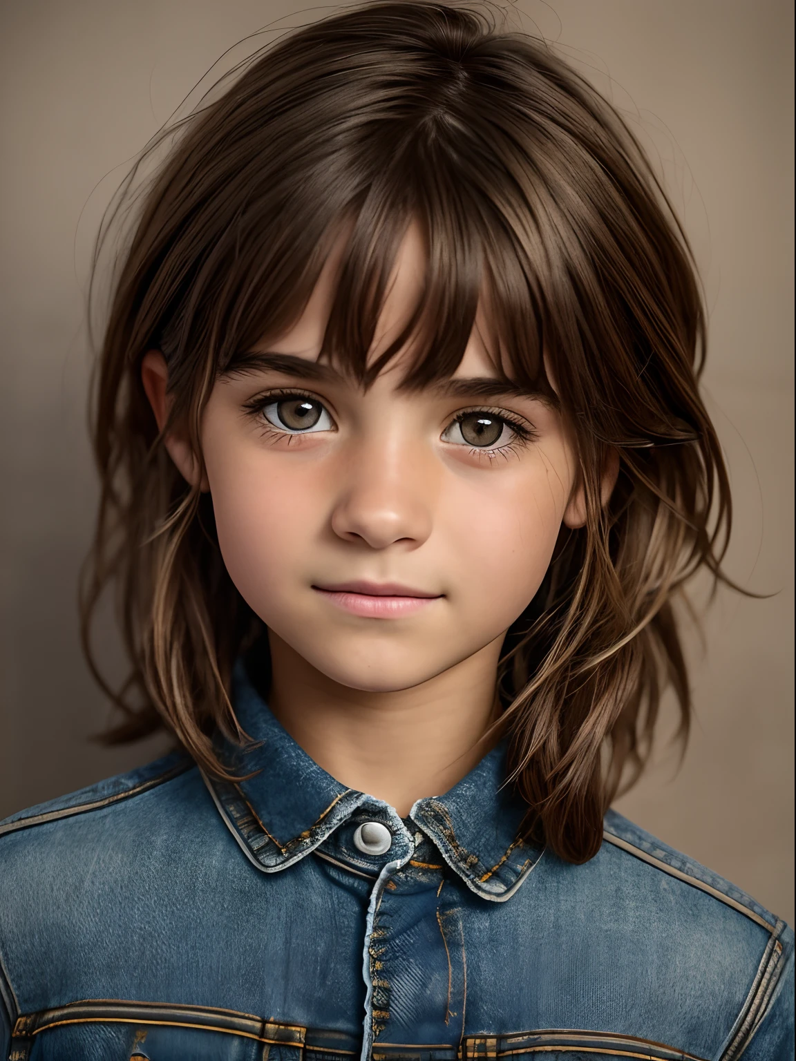 Realistic photo of a 10-year-old girl of European appearance, disheveled shaggy shoulder-length brown hair ; Large shiny dark brown eyes, long eyelashes, thick eyebrows, Mischievous, Carefree, Carefree, Cheerful, mischievous hooligan look, He looks at the camera from under his eyebrows(a slight tilt of the head forward and down), stretched brown sweater, Tattered jeans, Shoes; Without cosmetics, Unadorned; Gouging hooligan pose; Professional studio photography with a film SLR camera("Zorkiy-4"), (passport photo), hight resolution, Natural Realistic Detailed Skin Texture, natural lightin, 8K, Texture of the photo card, Maximum photorealism