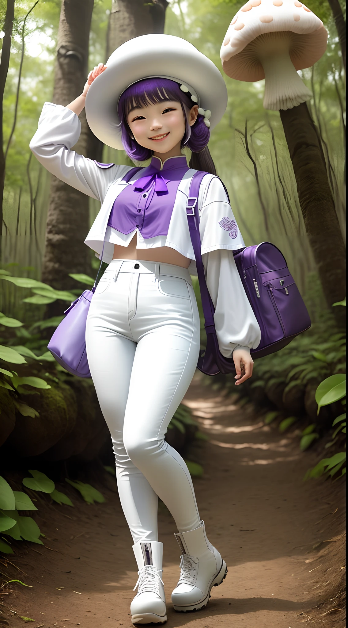 Menina do Festival da Tocha de Yi, smiling with white mushroom hat, a purple leather backpack wearing white blouse, white leather jeans and white boots in the forest full of colorful mushrooms