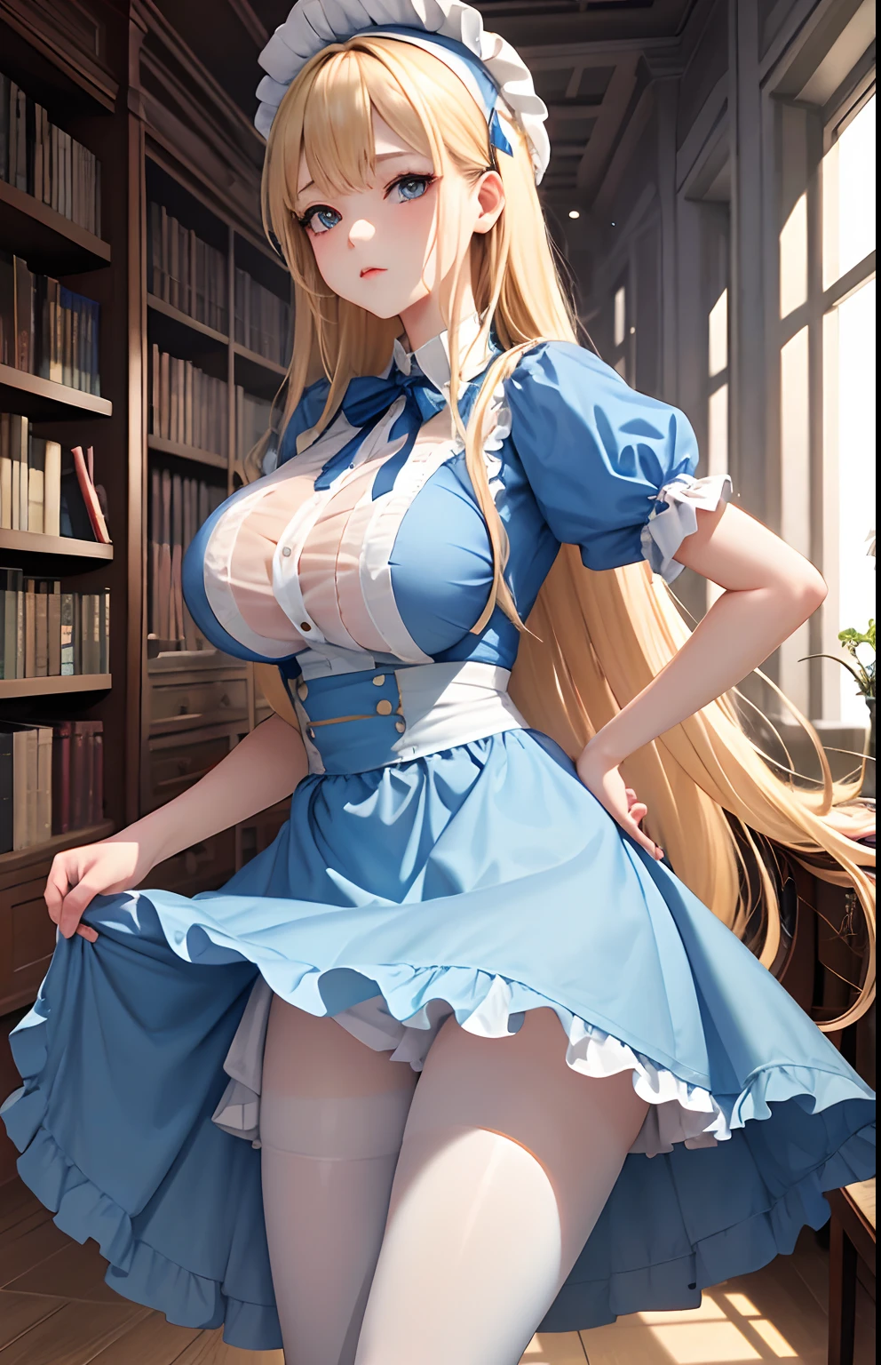 ​masterpiece, top-quality, 1girl in、Raw feet、atlibrary、big breast beauty、I'm showing my pants、alice in the wonderland、a blond、Blue Maid Clothes