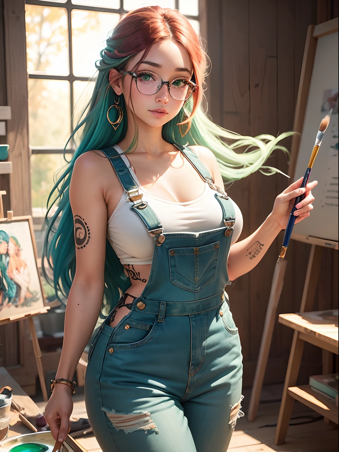 Gorgeous artsy woman in overalls beautiful long flowing thick natural hair, holding paint brushes properly and an a palette for painting, jewelry, tattoos, indie punk aesthetic, beautiful athletic body, hips, lovely lively expressive eyes, painting in an art studio in autumn, lovely colorful lighting, Cheery atmosphere, flirty, freckles, gorgeous East Asian face, very tan skin, incredible detail to texture, in love, green eyes, lots of color, photorealistic, masterpiece, absolute babe, 
Colorful outfit, patterns, glasses