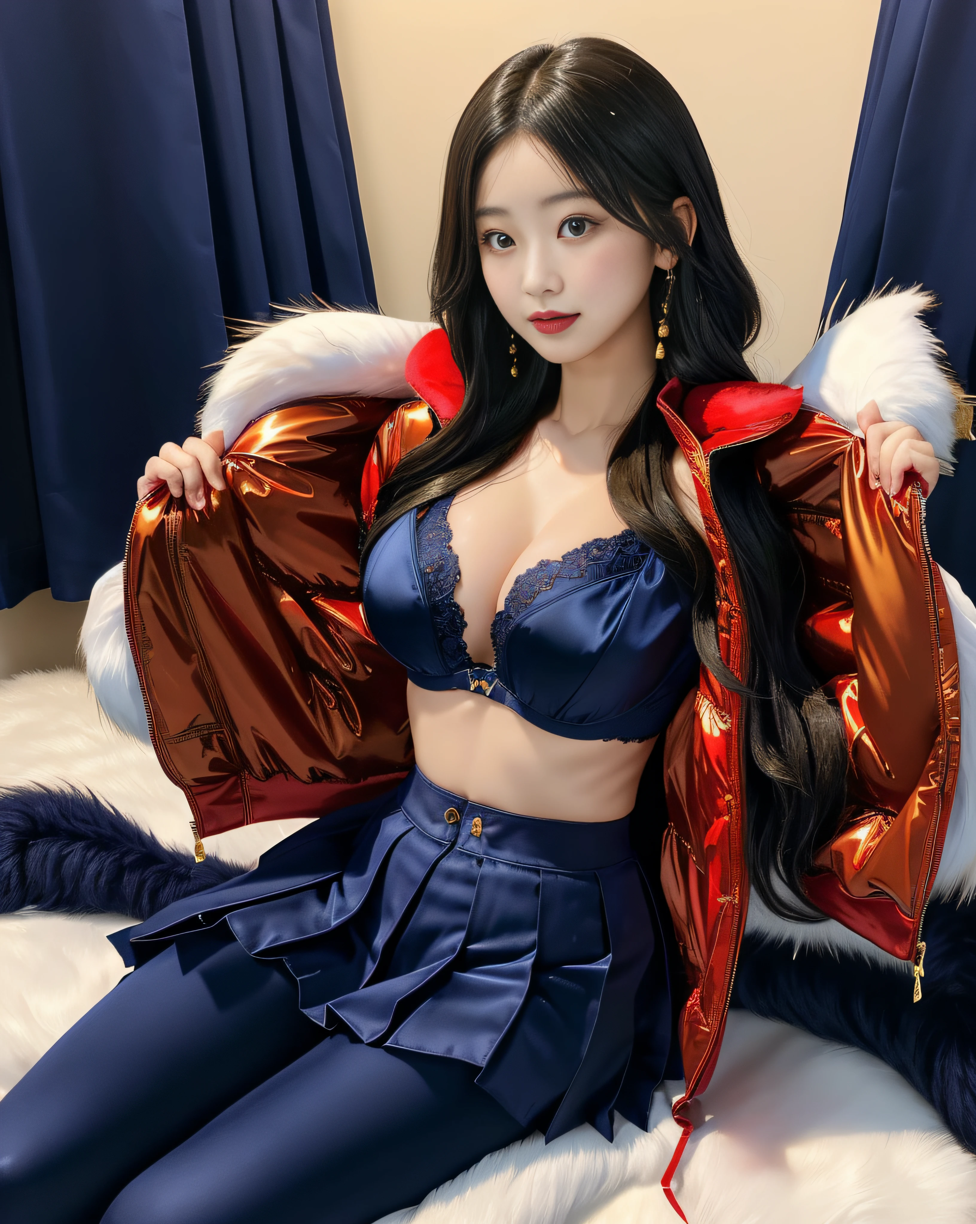 Beautiful Japanese 14 year old female, photorealistic, masterpiece, highest quality, wearing a (silk navy blue tight puffer coat, pushup silk red bra, silk yellow short pleated skater skirt), cute, sexy, dynamic pose, sexy pose, large breasts, fur hood, wavy hair, lipstick