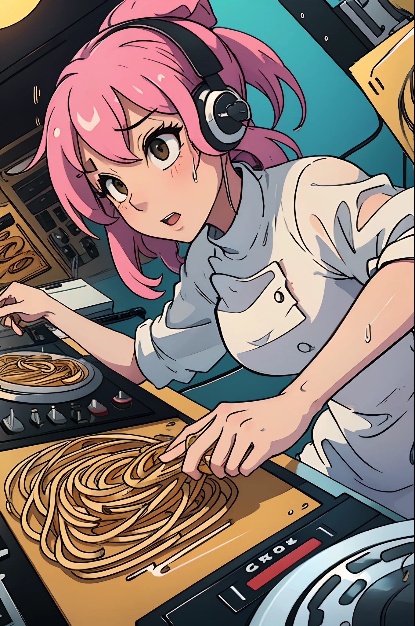 female cook frying spaghetti wet slopping soaking dripping on dj decks