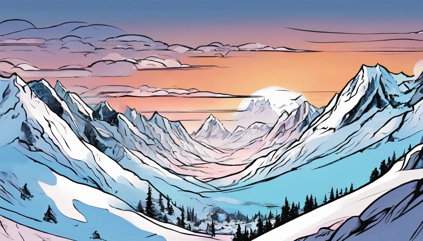 snow mountains,Blue sky,clouds,Black lines