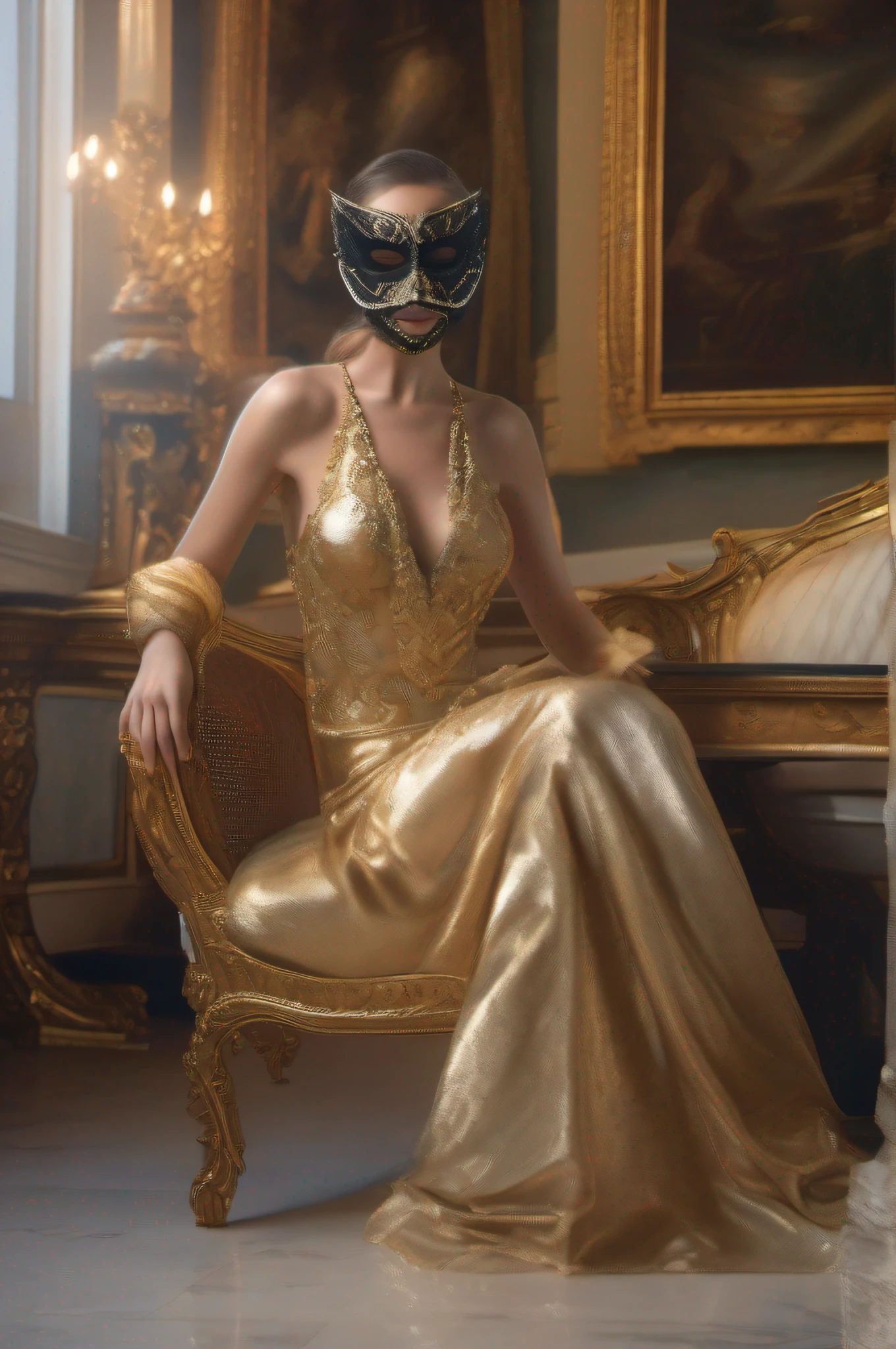 ((photorealistic portrait)) Ethereal beauty, a masked muse perched gracefully on a gilt chair, low cut top, showing lots of leg,embodies the enigmatic allure of a Venetian masquerade.  8k resolution concept art portrait by Greg Rutkowski,