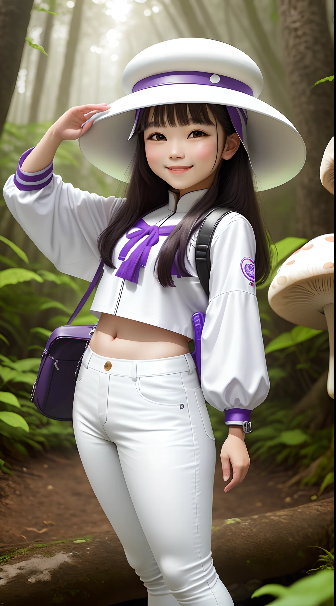 Menina do Festival da Tocha de Yi, smiling with white mushroom hat, a purple leather backpack wearing white blouse, white leather jeans and white boots in the forest full of colorful mushrooms