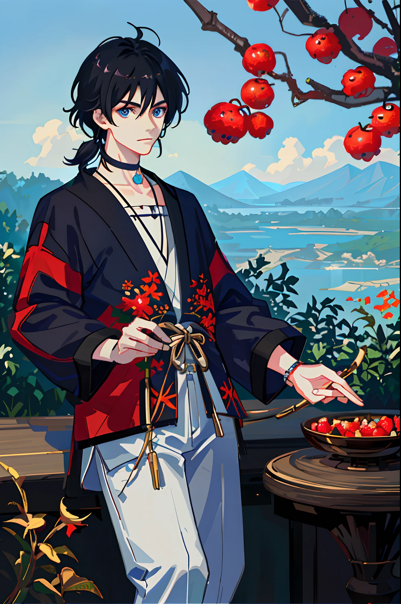 1boy和1boy，two guys，By bangs，berries，Black hair，tiese，The shirt，eBlue eyes，Hair between both eyes，jewely，leafs，looking at viewert，malefocus，choker necklace，trouser，The shirt，独奏，Wrist watch，White pants，Wrist watch，Messy hair, Trends on ArtStation, 8K分辨率, The is very detailed, anatomically correcte, Sharp images, digitial painting, concept-art, Popular trends on pixiv, Makoto Shinkai's style,