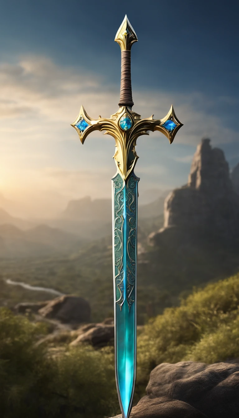 Excalibur, Delicate mango, The sword body is exquisite，well decorated,（((The body of the sword is designed with a blue opal and a light green particle effect shaped pattern..：1.3))), Should, (The sword body is symmetrically decorated:1.3), (The entire Excalibur blade is centered:1.3), Close-up at medium range,（General silhouette:1.3),（Fantastic landscape painting:1.2), Ultra Realistic Photo, super-fine, 8K, Premium wallpapers, the highest picture quality, ..。.。.3D,C4D, tmasterpiece, rendering by octane