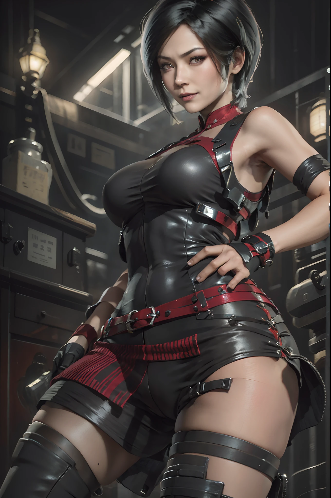 1 rapariga, 独奏, Ada Wong in the Resident Evil 4 remake, short detailed hair, brunette color hair, Red cheongsam, Short-sleeved shirt,, big breasts, upper legs, hindquarters, black heels, Adriana's face, audience looking, sly smile, The pistol was hung around her waist, Best quality at best, A high resolution:1.2, 18th century village in the background, shadowing, nightmare, rays of moonlight, Upper body shooting, Low camera angle、depth of fields、Center focus