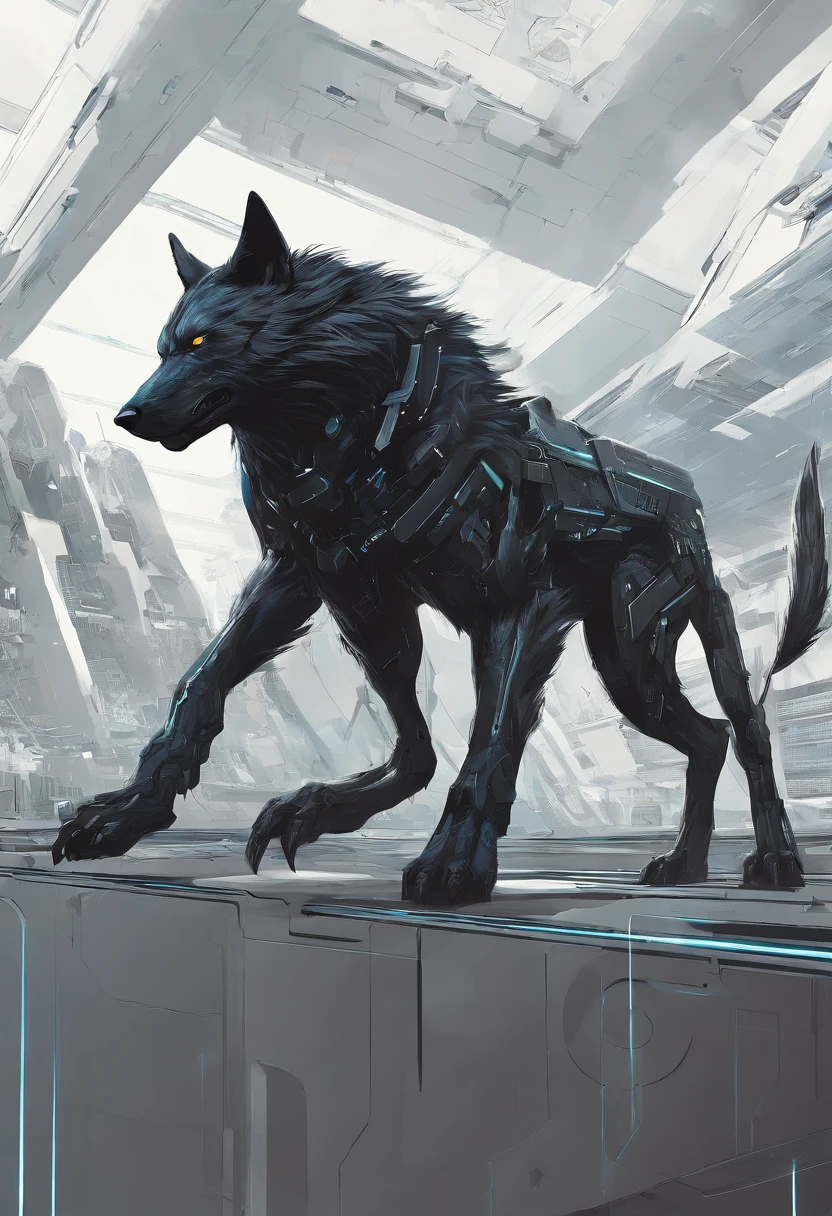 solo, ((feral)), wolf, ((sci-fi armor, cyborg)), paws, full body shot, looking at viewer, raised tail, sci-fi background, ((symmetrical)), detailed background, masterpiece, best quality, by hioshiru, snowskau, foxovh, by Enki Bilal, Michael & Inessa Garmash, Ruan Jia, Pino Daeni,, female, anatomically correct, anatomically correct anus, (anatomically correct pussy), (canine pussy), animal pussy, in heat, y anus, glistening genitalia,