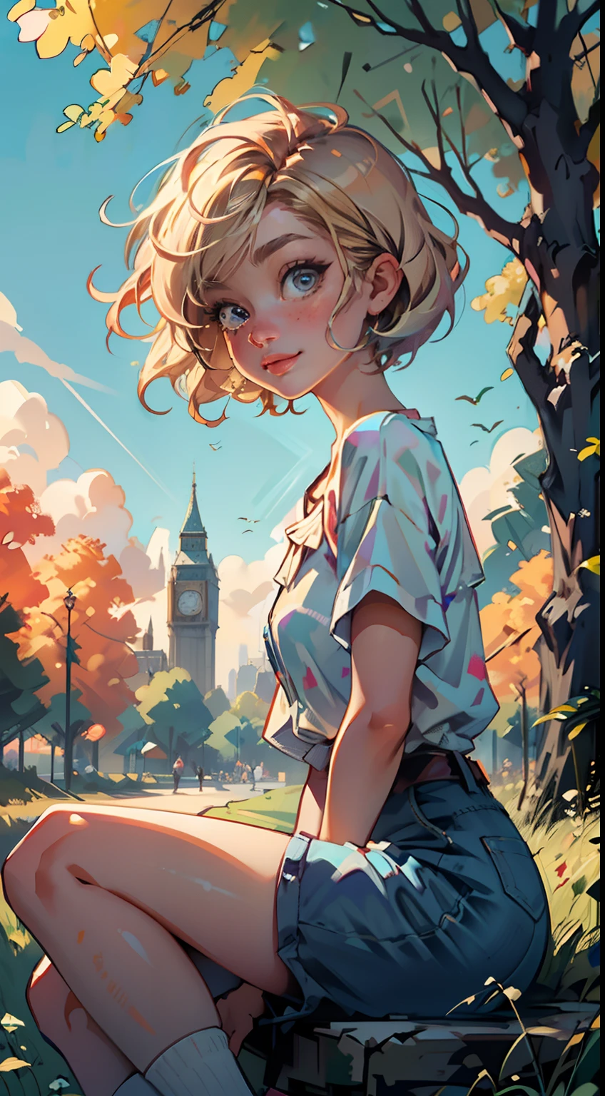 4K, high resolution, Best quality, Masterpiece, perfect, really warm colors, perfectly shaded, Perfect lighting, posted on e621, ((greg capullo style)), masterpiece, digital paint, (close up, Cute girl, 20 years old, blond short hair, big cute eyes, happy), sitting in the grass in a hide park in London. 1990s \(style\),